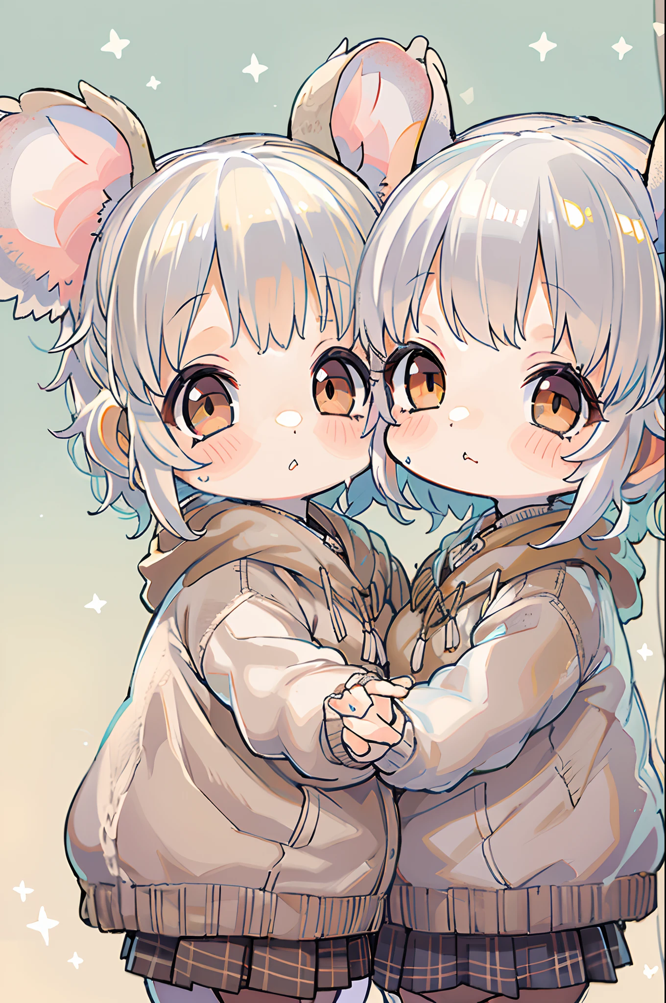 twins, Mouse Girls, short fluffy white hair, Big round mouse ears, White sweater, Holding hands, ((dark brown eyes)), a couple, Beautiful, Glossy lips, Detailed eyes,Chibi