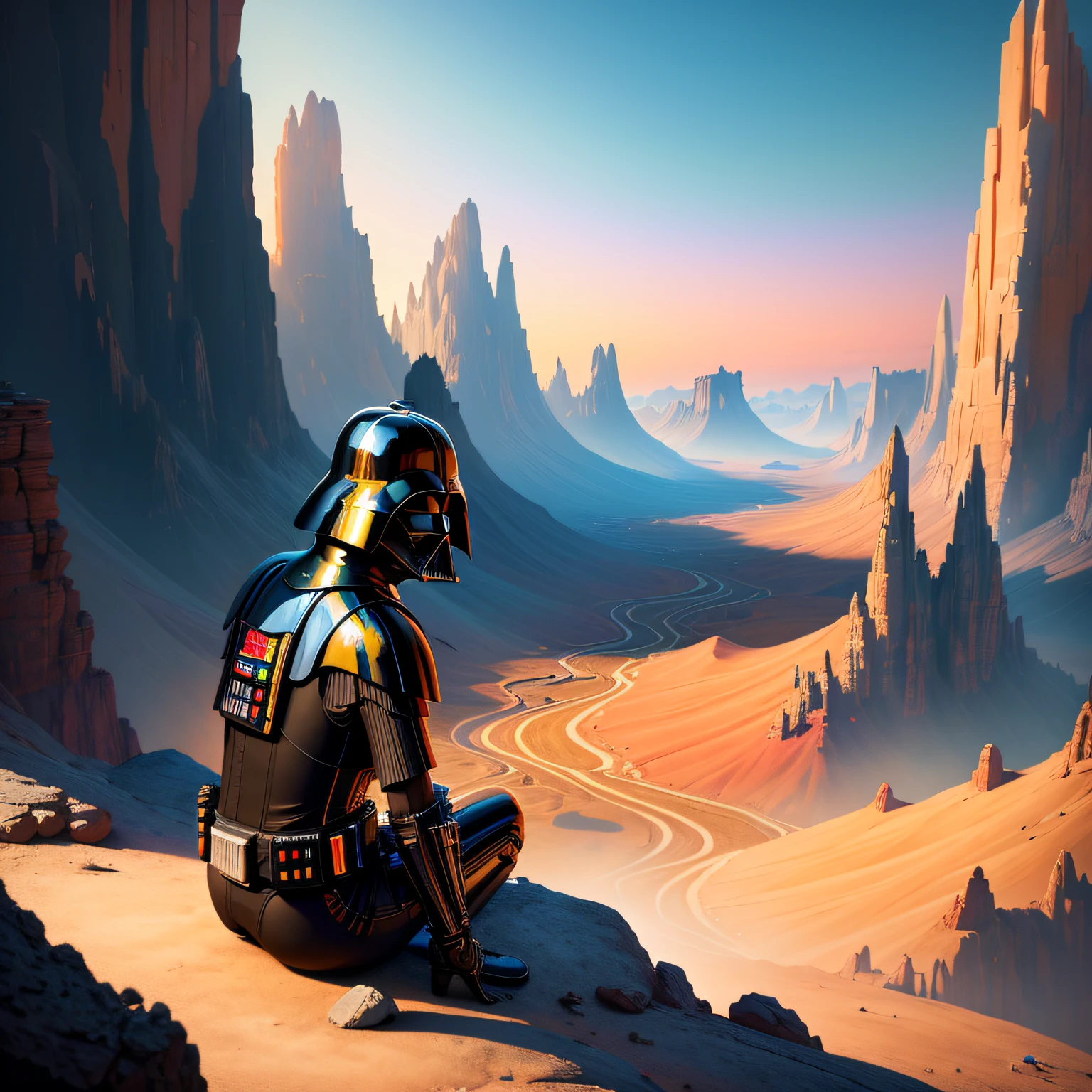 (digital painting), (Best Quality), Darth Vader sits on a mountain in a canyon and watches the sunset, surreal 8K, Pastel color scheme, Soft lighting, Golden Hour, Serene environment, Landscape, A big spaceship in the sky