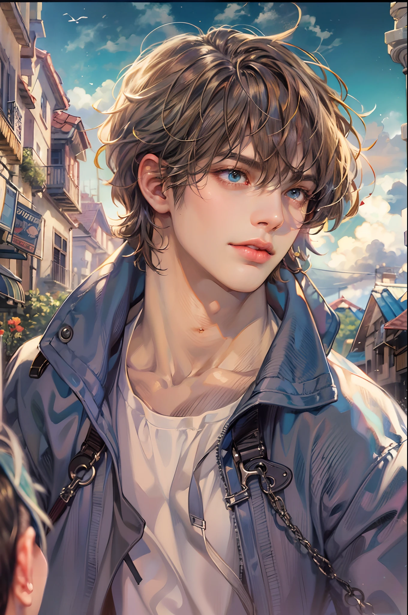 (absurdres, highres, ultra detailed, HDR), masterpiece, best quality, "rhapsody a musical adventure" ps1 game character, boy hero with short hair, detailed face, handsome face, anime eyes, at the town, detailed character, detailed outdoor scenery, art kenouji