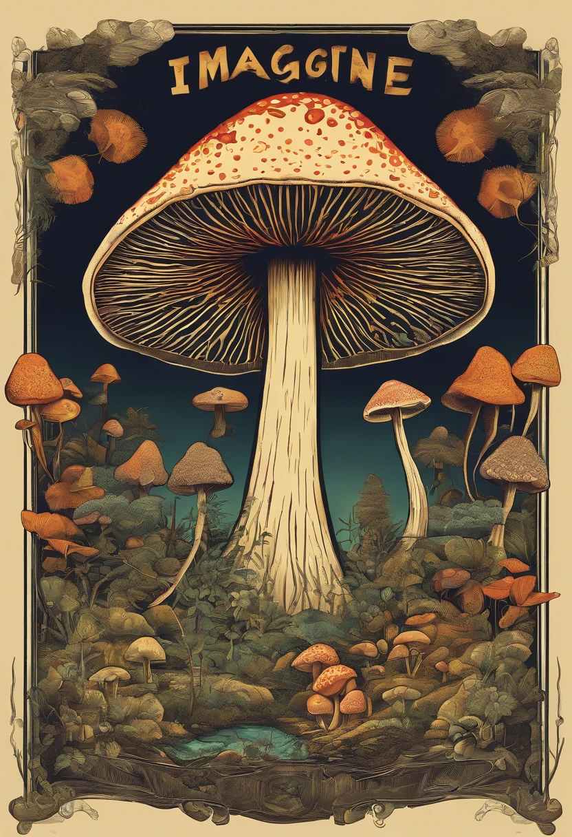 imagine um jovem em um lugar psycodelico numa floresta, magic mushrooms, gnomos, advertising poster