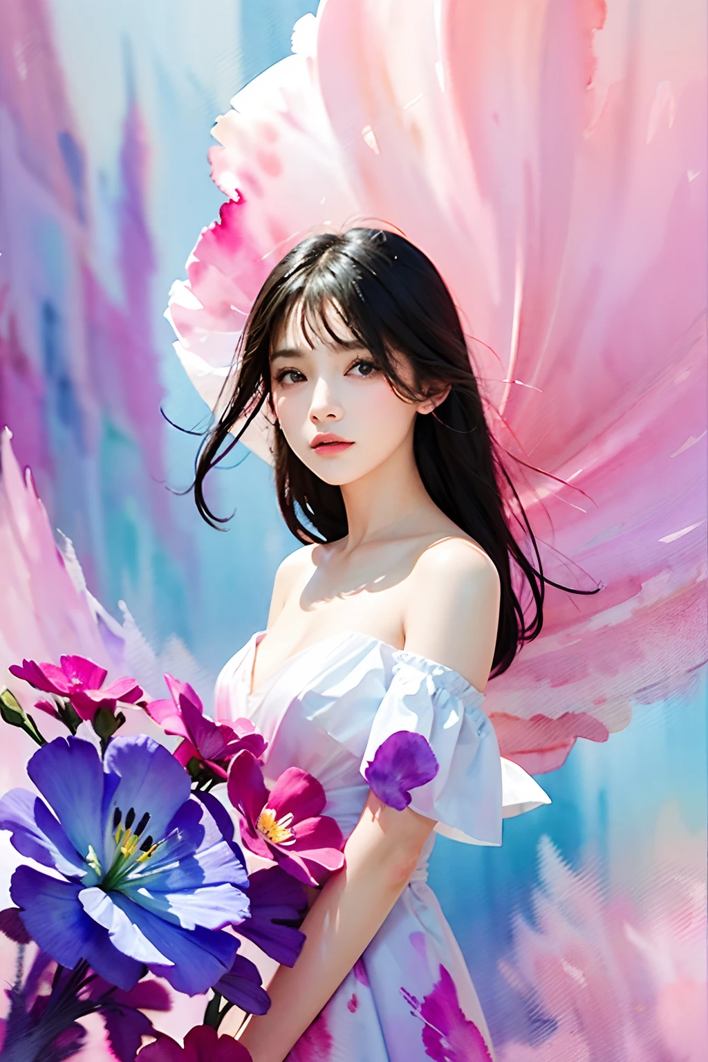 1girl,flower, Lisianthus ,in the style of light pink and light azure, dreamy and romantic compositions, pale pink, ethereal foliage, playful arrangements,fantasy, high contrast, ink strokes, explosions, over exposure, purple and red tone impression , abstract, ((watercolor painting by John Berkey and Jeremy Mann )) brush strokes, negative space,