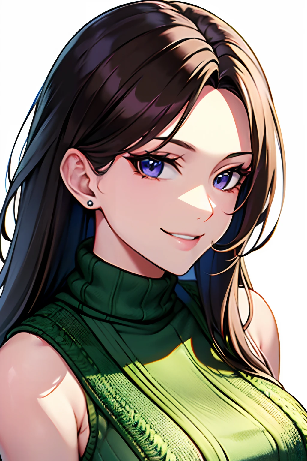 (masutepiece, Highest Quality), Beautiful and aesthetic, 1womanl, Idol, Elegant, (25 years old), Portrait, lightsmile, (Sleeveless knitwear), Entire upper body, Simple background,