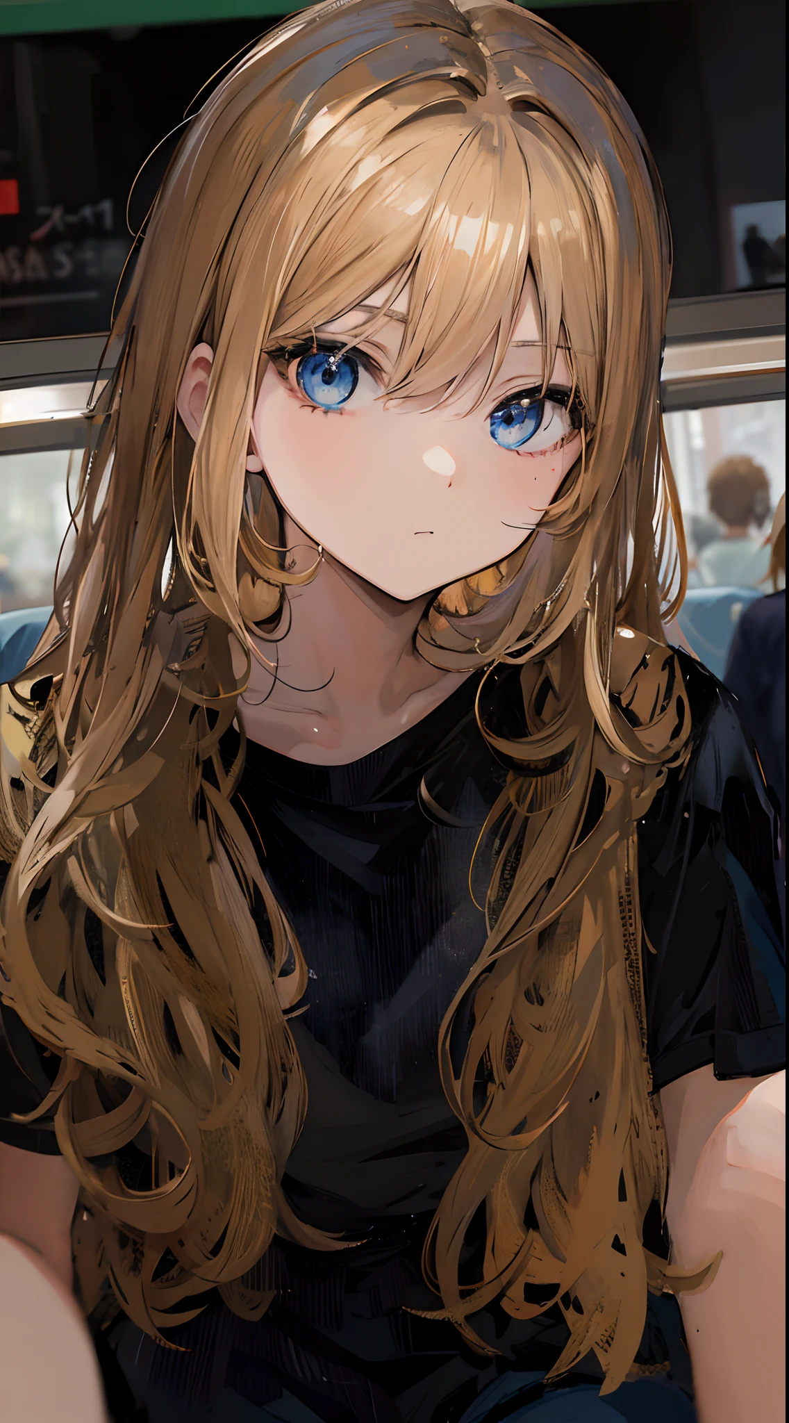 cute anime girl. blonge hair, blue eyes, sitting on the metro, black t-shirt, high resolution, looking at viewer,