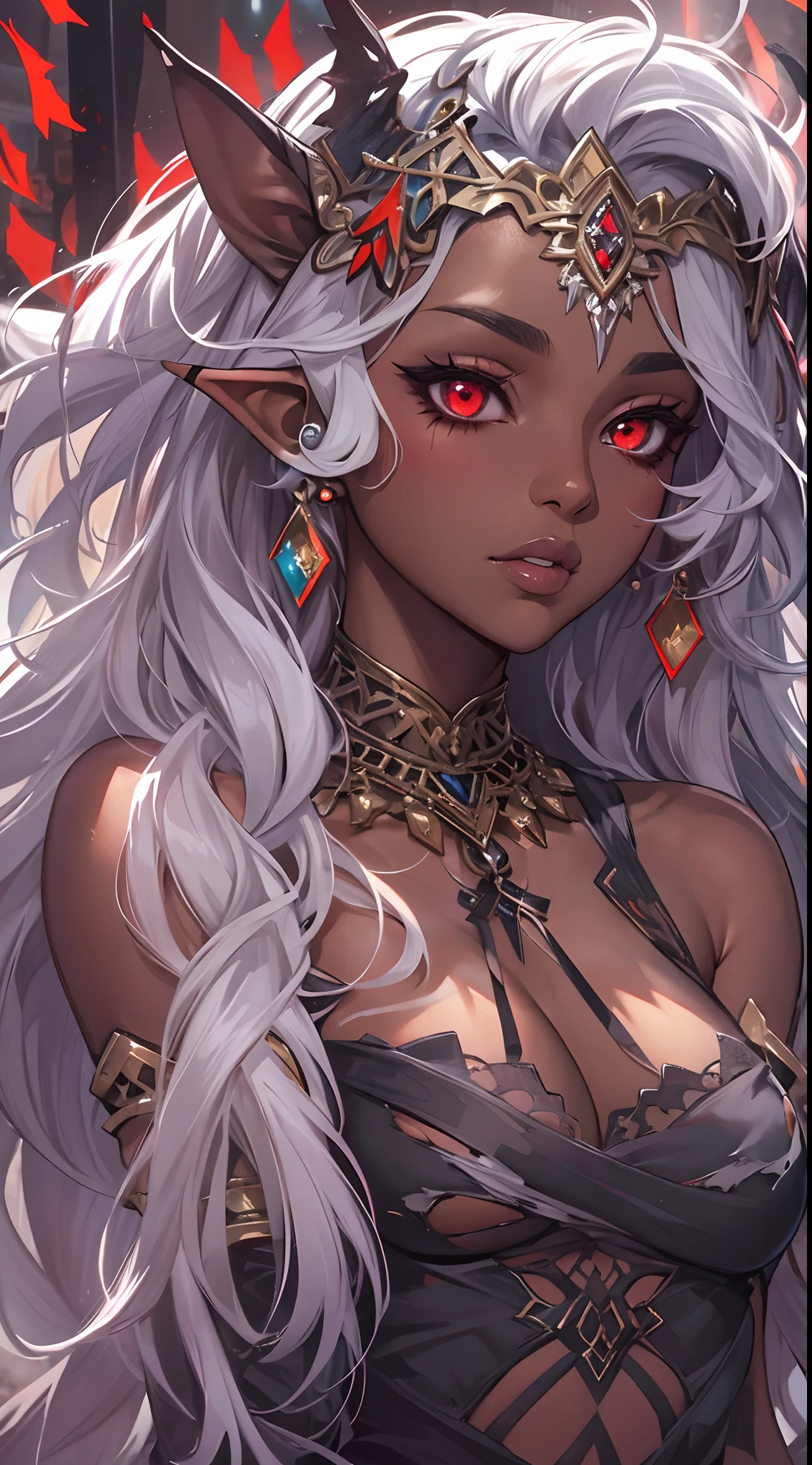 Vibrant colors, Small and beautiful ,dark skin Big breasts dress,Torn dress,Tattered Dress,Dark skin,elf princess,long ears, White hair, masterpiece, High quality, 8K, High resolution, detaileds,single braid, red eyes,earring, jewelry