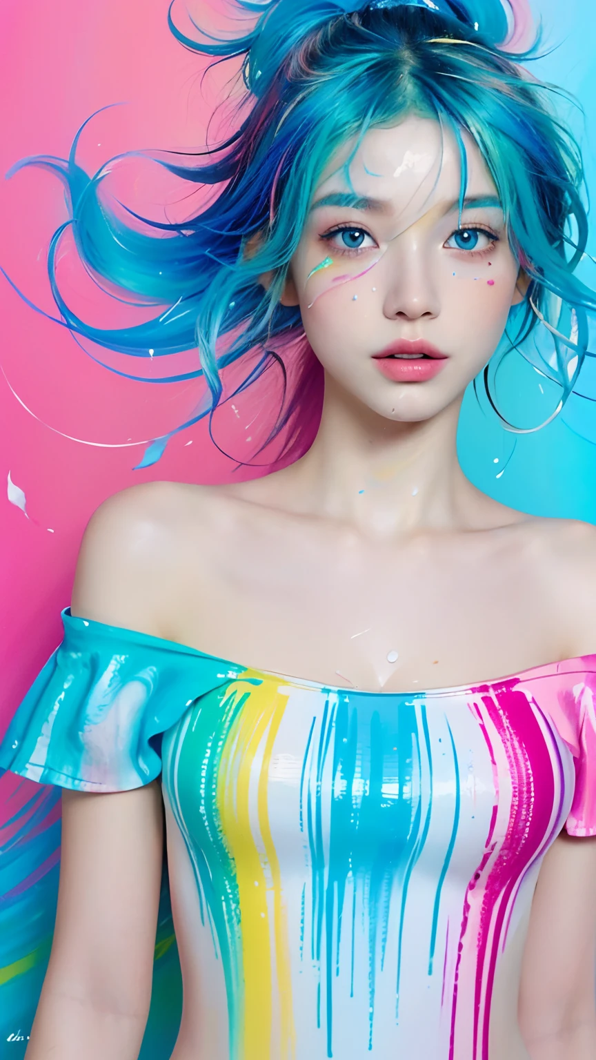 (Pink Fashion T-shirt:1.9),(Colorful hair: 1.8), (all the colours of the rainbow: 1.8),(((((vertical painting:1.6))), (painting:1.6),front, comics, illustrations, paintings, large eyes, crystal clear eyes,( rainbow color gradient high ponytail:1.7), exquisite makeup, closed mouth,(Small Fresh: 1.5),(Wipe Chest: 1.6) ,long eyelashes, white off shoulder T-shirt, White Shoulder Shirt,looking at the audience, large watery eyes, (rainbow colored hair:1.6), color splash, (solo:1.8), color splash, color explosion, thick paint style, messy lines, ((shining)),(colorful), (colorful), (colorful), colorful, Thick Paint Style, (Splash) (Color Splash), Vertical Painting, Upper Body, Paint Splash, Acrylic Pigment, Gradient, Paint, Highest Image Quality, Highest Quality, Masterpiece, Solo, Depth of Field, Face Paint, colorful clothes, (Elegant: 1.2), gorgeous,long hair, wind, (Elegant: 1.3), (Petals: 1.4),(((masterpiece))),(((best quality))),((ultra-detailed)),(illustration),(dynamic angle),((floating)),(paint),((disheveled hair)),(solo),(1girl) , (((detailed anima face))),((beautiful detailed face)),collar,bare shoulders,white hair, ((colorful hair)),((streaked hair)),beautiful detailed eyes,(Gradient color eyes),(((colorful eyes))),(((colorful background))),(((high saturation))),(((surrounded by colorful splashes))),