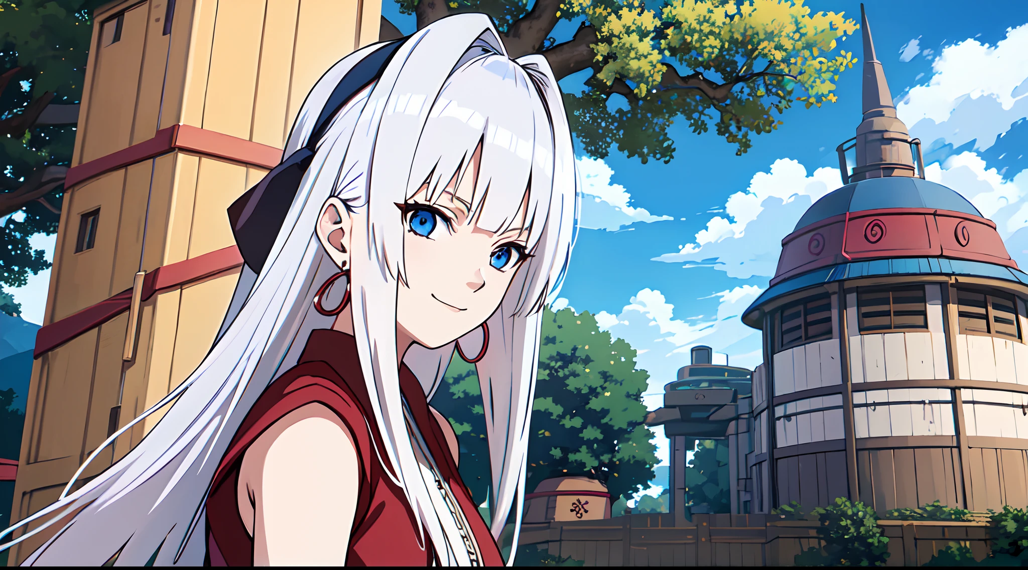 masterpiece, best quality, 1girl, very long white hai with bangs, blue eyes, red crop top, black shorts, mesh undershirt, light smile, earrings, blue sky, outdoors, close up, konohavillage konoha gate walls, cable, tree