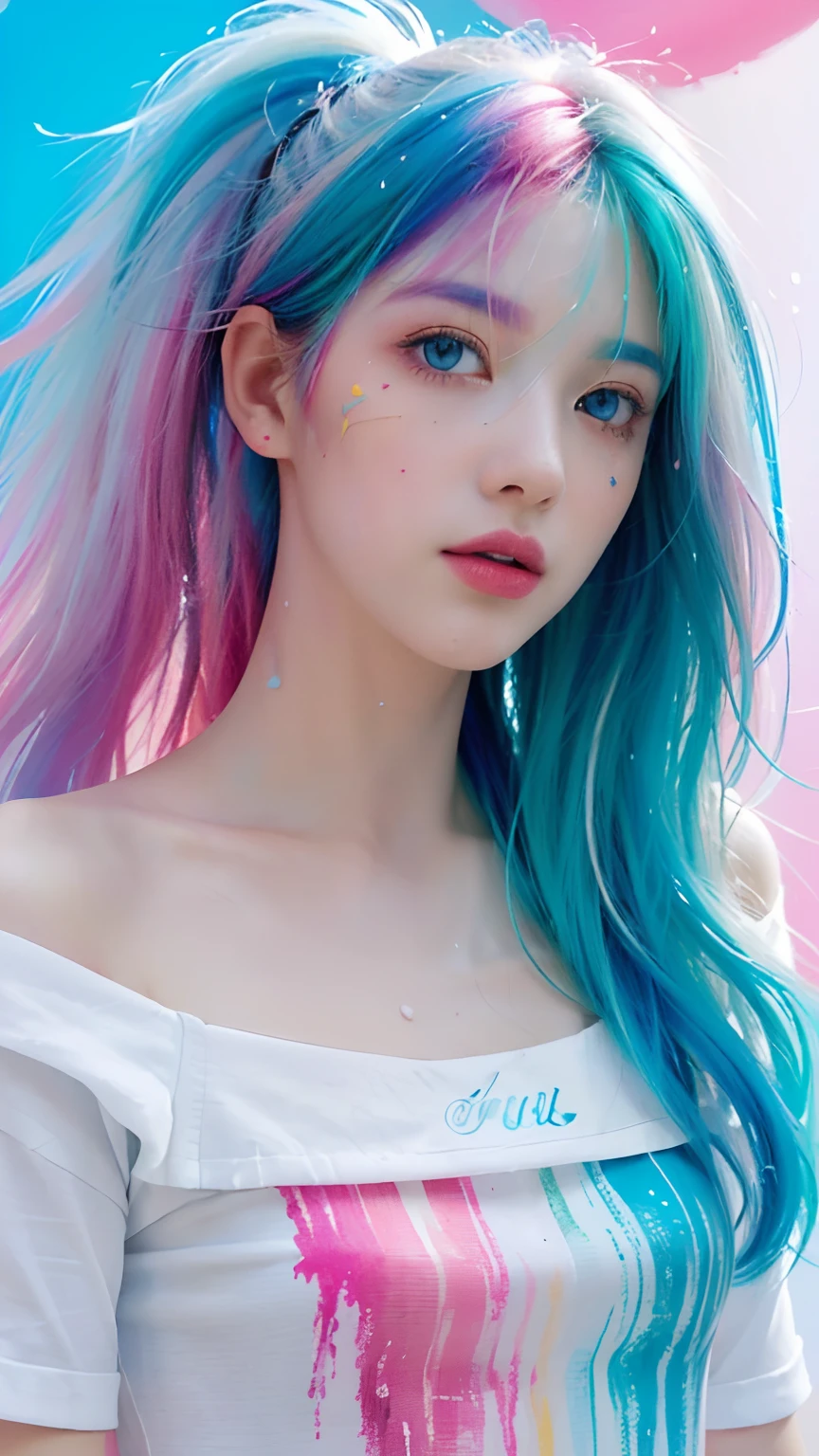 (Pink Fashion T-shirt:1.9),(Colorful hair: 1.8), (all the colours of the rainbow: 1.8),(((((vertical painting:1.6))), (painting:1.6),front, comics, illustrations, paintings, large eyes, crystal clear eyes,( rainbow color gradient high ponytail:1.7), exquisite makeup, closed mouth,(Small Fresh: 1.5),(Wipe Chest: 1.6) ,long eyelashes, white off shoulder T-shirt, White Shoulder Shirt,looking at the audience, large watery eyes, (rainbow colored hair:1.6), color splash, (solo:1.8), color splash, color explosion, thick paint style, messy lines, ((shining)),(colorful), (colorful), (colorful), colorful, Thick Paint Style, (Splash) (Color Splash), Vertical Painting, Upper Body, Paint Splash, Acrylic Pigment, Gradient, Paint, Highest Image Quality, Highest Quality, Masterpiece, Solo, Depth of Field, Face Paint, colorful clothes, (Elegant: 1.2), gorgeous,long hair, wind, (Elegant: 1.3), (Petals: 1.4),(((masterpiece))),(((best quality))),((ultra-detailed)),(illustration),(dynamic angle),((floating)),(paint),((disheveled hair)),(solo),(1girl) , (((detailed anima face))),((beautiful detailed face)),collar,bare shoulders,white hair, ((colorful hair)),((streaked hair)),beautiful detailed eyes,(Gradient color eyes),(((colorful eyes))),(((colorful background))),(((high saturation))),(((surrounded by colorful splashes))),