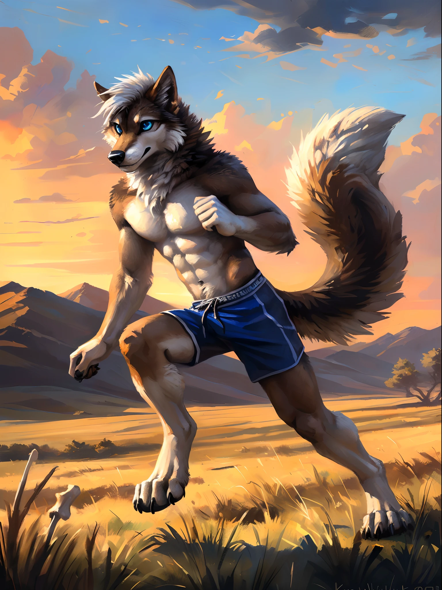 ((Solo)), male people, anthro wolf, (Multi-colored fur, White-brown:1.3), ((Wolf face, White hair, Big eyes, White eyelids, Blue pupil, Slim:1.2) (Tough, Calm expression:1.2)), Abs, Slim, pinging)), (Correct anatomy), (Work shorts:1.1), (Contour bone:1.2), The upper body is naked, (detailed outfits),A big tail,Feet,(Realistic fur, Detailed fur texture, labeled:1.3)), (Natural lighting), Photorealistic, Hyperrealistic, ultradetailed, by Kenket,Endless grasslands,No artificiality,erect through,Running on