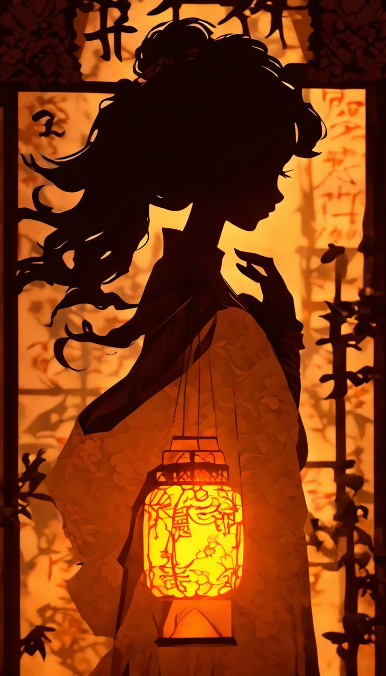 (Silhouette Art,cutouts:1.6)
(((Paper cutting art,A world where only black exists:1.3)
(Cowboy Shot),1 girl,Solo,
(Kimono Girl,profile:1.2),white, Clear and beautiful face,
BREAK
(Lots of lanterns、pale light)
Textured glass background,