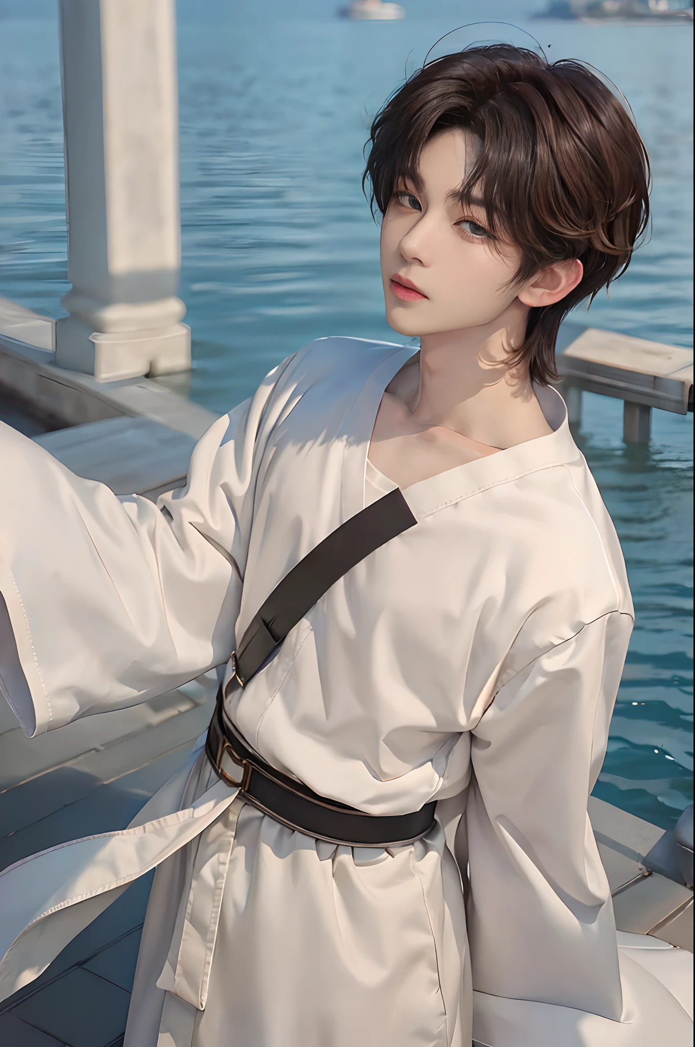 masterpiece、top-quality)、One Manly Boy、Slim body、((Black and white plain clothes:1.1))、(Detailed beautiful eyes)、In the Han River、Face similar to Chaewon in Le Selefim、((short hair above the ears))、((Smaller face))、((Neutral face))、((Light brown eyes))、((Korean boy))、((18year old))、((Handsome man))、((Wild look))、((Korean Makeup))、((elongated and sharp eyes))、((Happy dating))、((He is walking in front of the viewer))、((Looking Up))、((shot from back))