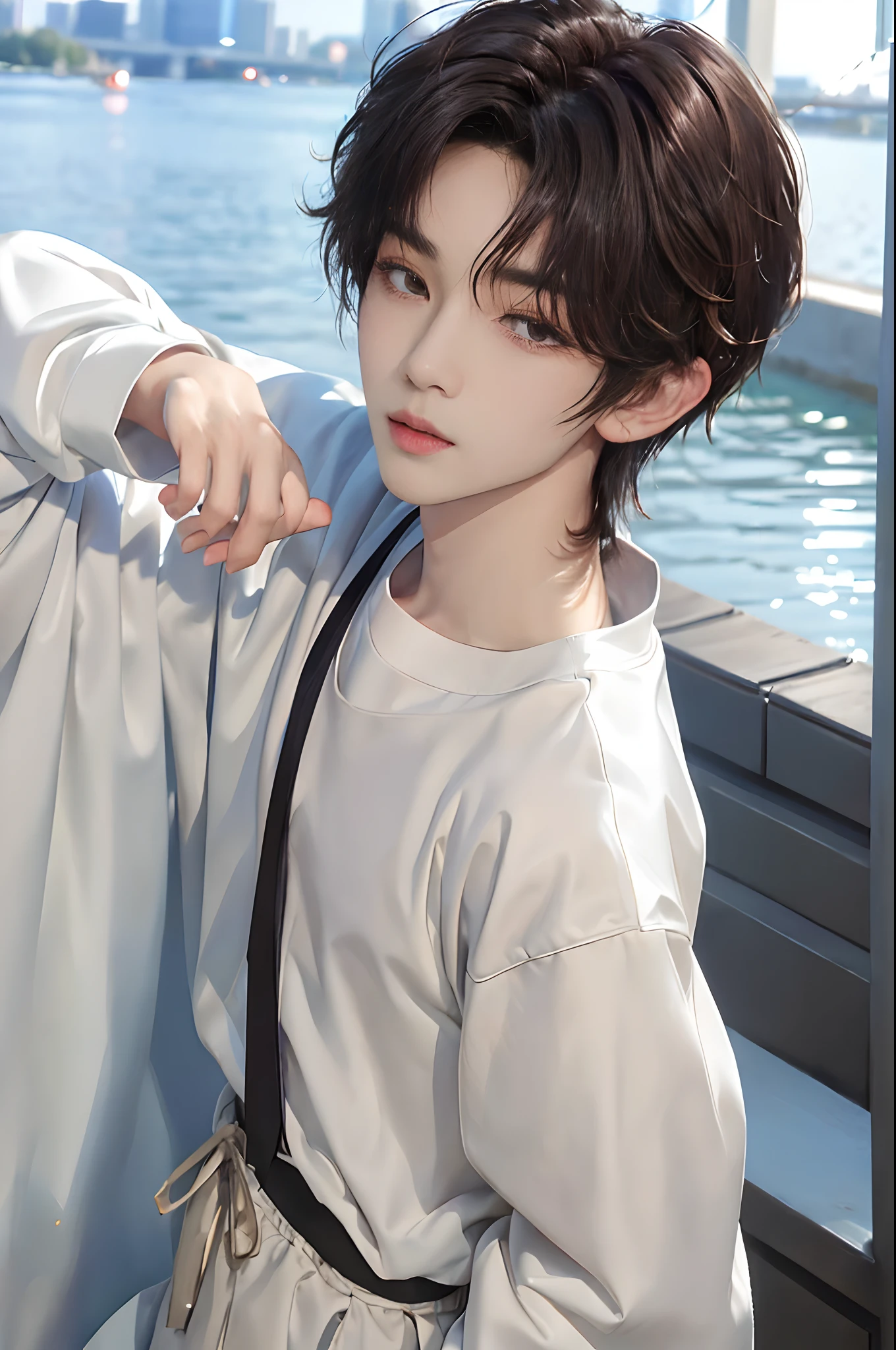 masterpiece、top-quality)、One Manly Boy、Slim body、((Black and white plain clothes:1.1))、(Detailed beautiful eyes)、In the Han River、Face similar to Chaewon in Le Selefim、((short hair above the ears))、((Smaller face))、((Neutral face))、((Light brown eyes))、((Korean boy))、((18year old))、((Handsome man))、((Wild look))、((Korean Makeup))、((elongated and sharp eyes))、((Happy dating))、((He is walking in front of the viewer))、((Looking Up))、((shot from back))