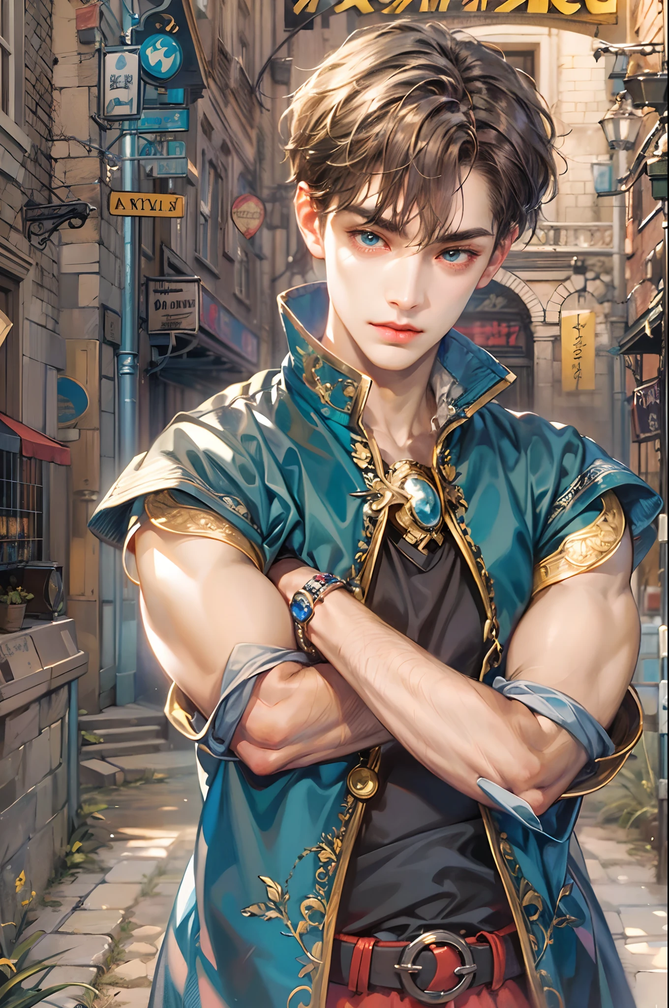 (absurdres, highres, ultra detailed, HDR), masterpiece, best quality, "rhapsody a musical adventure" ps1 game character, boy hero with short hair, detailed face, handsome face, anime eyes, at the town, detailed character, detailed outdoor scenery, art kenouji