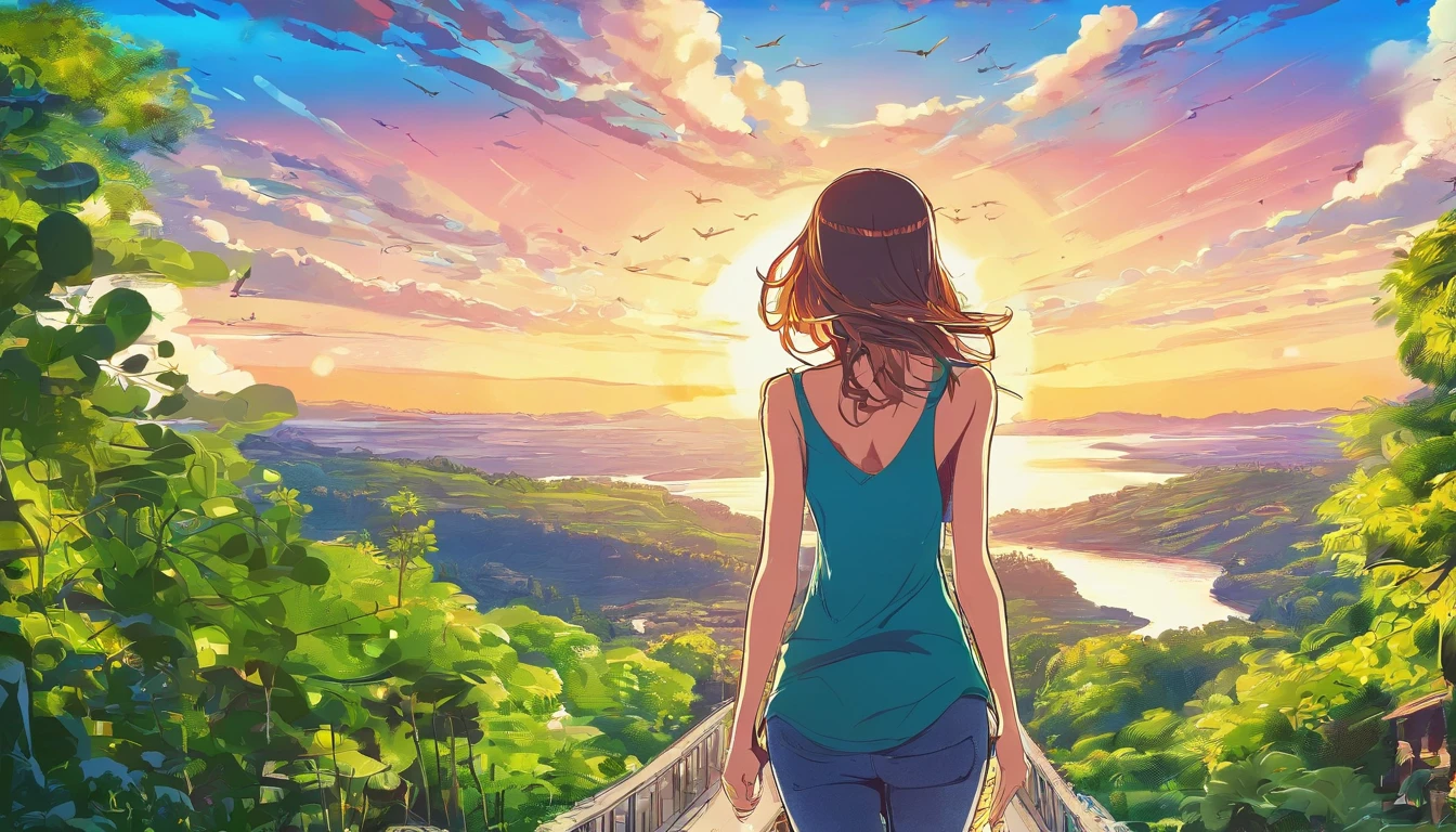 blue sky, building, bush, cliff, cloud, cloudy sky, daytime, forest, grass, horizon, house, jungle, lakes, lens flash, light rays, mountain, nature, outdoors, path, pine tree road, landscape, sky, sunny, sunbeam, sunlight, sunset, tree, tree shade, water, (woman:1.4), blonde hair, (green eyes:1.2), skinny jeans, black T-shirt, walking, short hair, solo, smiling, Hands behind the torso