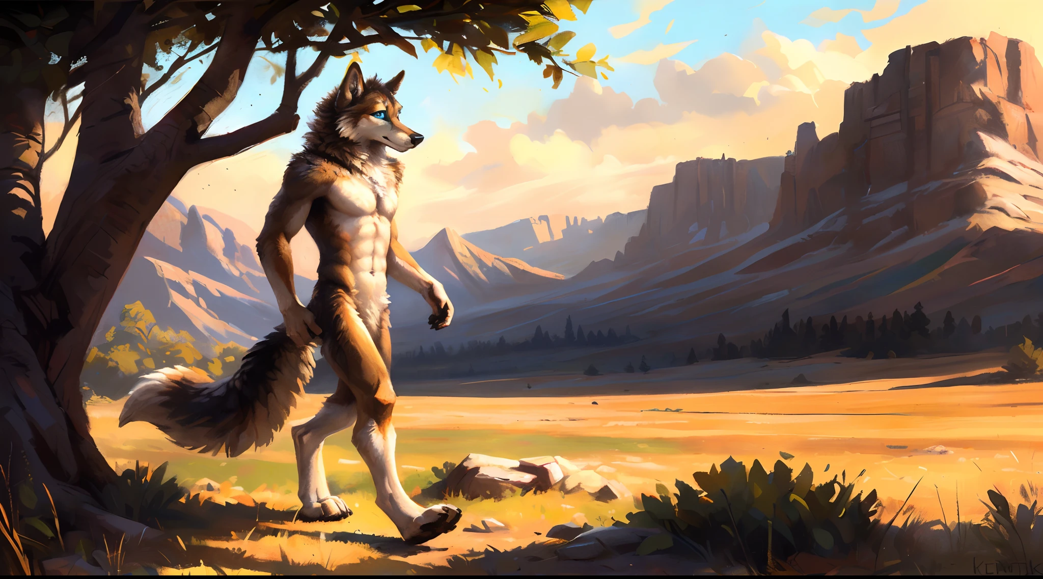 ((Solo)), male people, coyote, (Multi-colored fur, White-brown:1.3), ((Wolf face, White hair, Big eyes, White eyelids, Blue pupil, Slim:1.2) (Tough, Calm expression:1.2)), Abs, Slim, pinging)), (Correct anatomy), A big tail，Feet，Longer torso，Well-proportioned limbs，(Realistic fur, Detailed fur texture, labeled:1.3)), (Natural lighting), Photorealistic, Hyperrealistic, ultradetailed, by Kenket，Naked all over the body，Endless grasslands，Walking