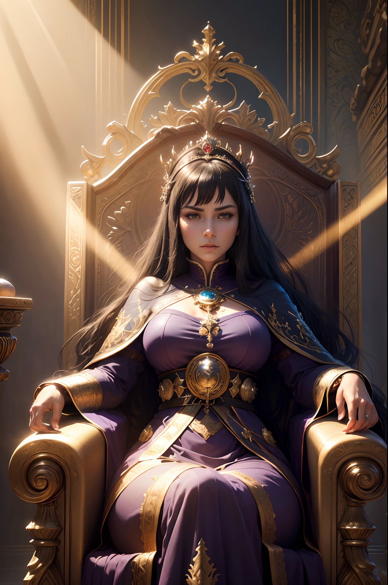 8K,Best Quality,masutepiece, Detailed,Intricate details,Photorealistic, Cinematic lighting,(Fantasy Art:1.6), (Seiza:1.1), (Frontal:1.2), Upright,royal, An majestic, queen, empress,(Huge and magnificent seats:1.4), diadems, Frontal close-up, solemnity, a throne, upright posture, profundity, dignity, gaze fixed forward, contemplation, Heavy problems, scepter, Pedras preciosas, Solo,a medieval castle, Velvet Carpet, god rays,1 woman,