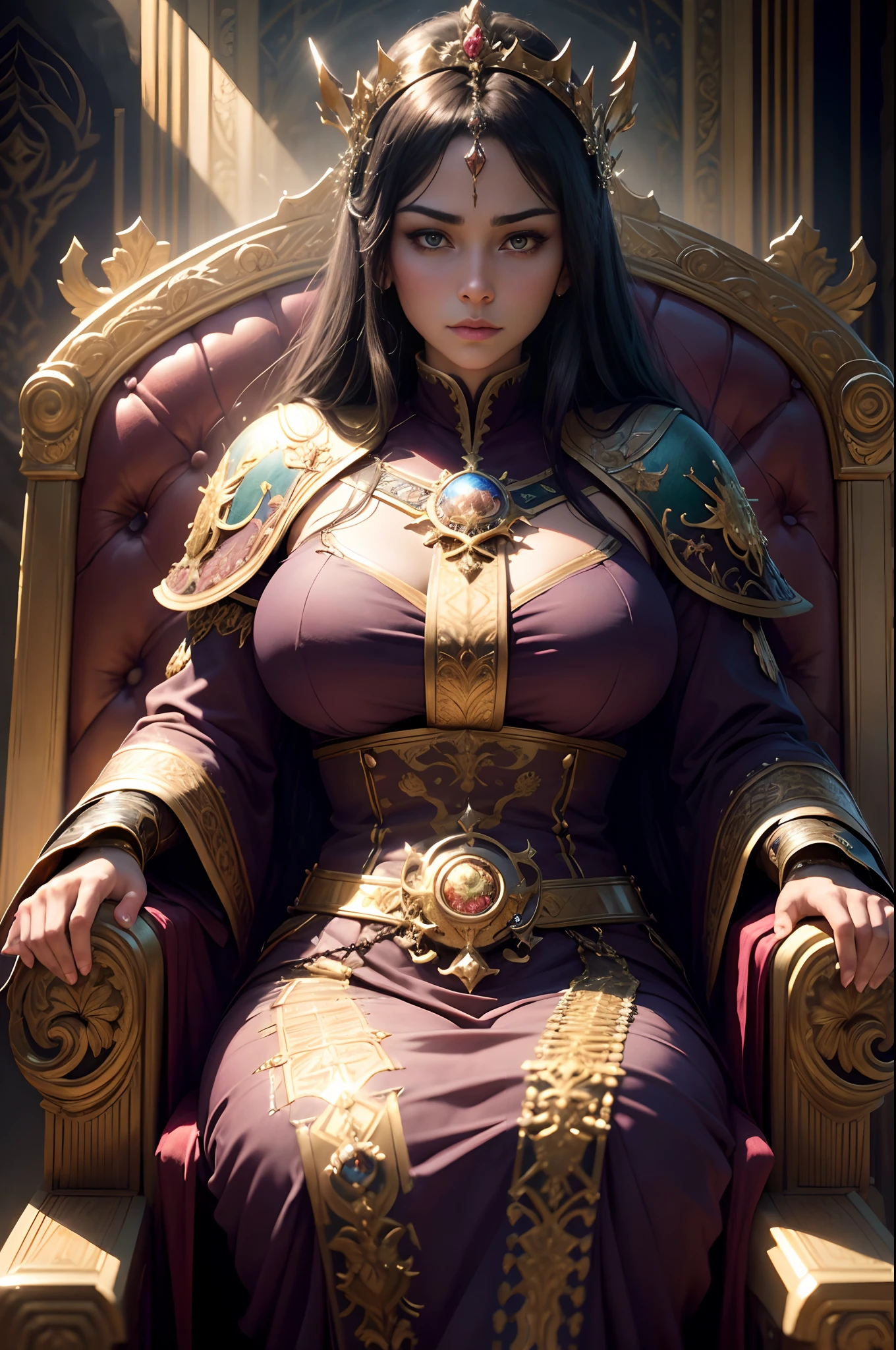 8K,Best Quality,masutepiece, Detailed,Intricate details,Photorealistic, Cinematic lighting,(Fantasy Art:1.6), (Seiza:1.1), (Frontal:1.2), Upright,royal, An majestic, queen, empress,(Huge and magnificent seats:1.4), diadems, Frontal close-up, solemnity, a throne, upright posture, profundity, dignity, gaze fixed forward, contemplation, Heavy problems, scepter, Pedras preciosas, Solo,a medieval castle, Velvet Carpet, god rays,1 woman,