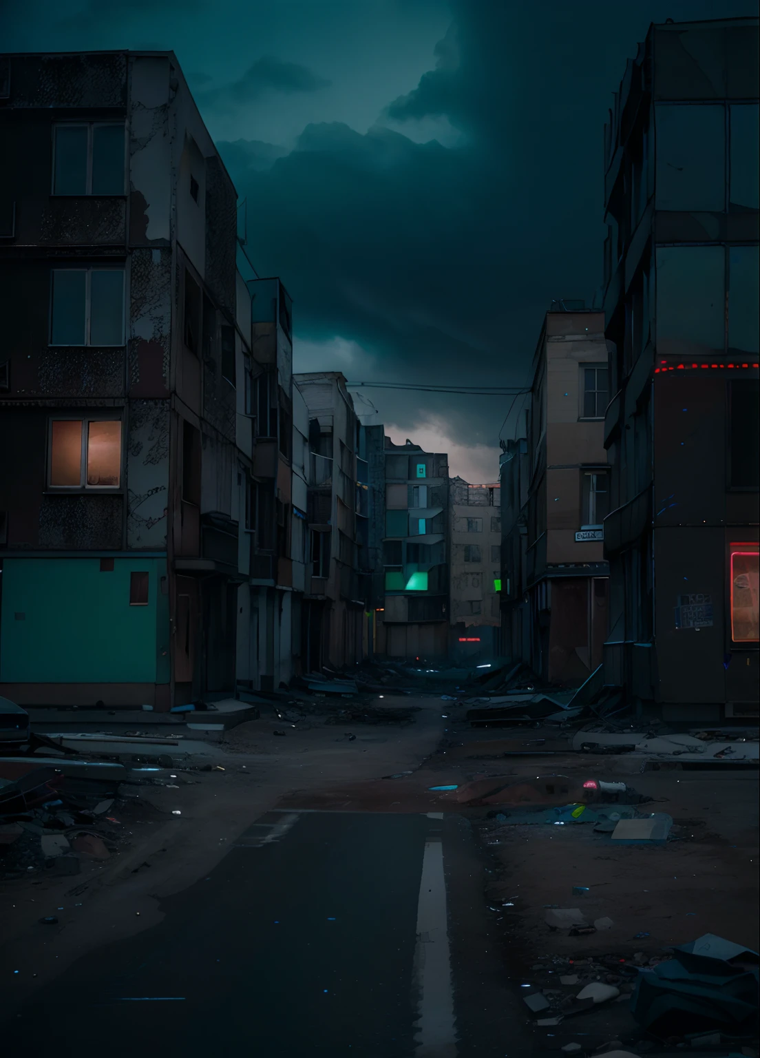 low angle, post apocalypse, old panel houses, street, neon lights, cyberpunk, dark evening,  still, 80mm lens, masterpiece, best quality, (film grain:1.1), ultra high res, RAW