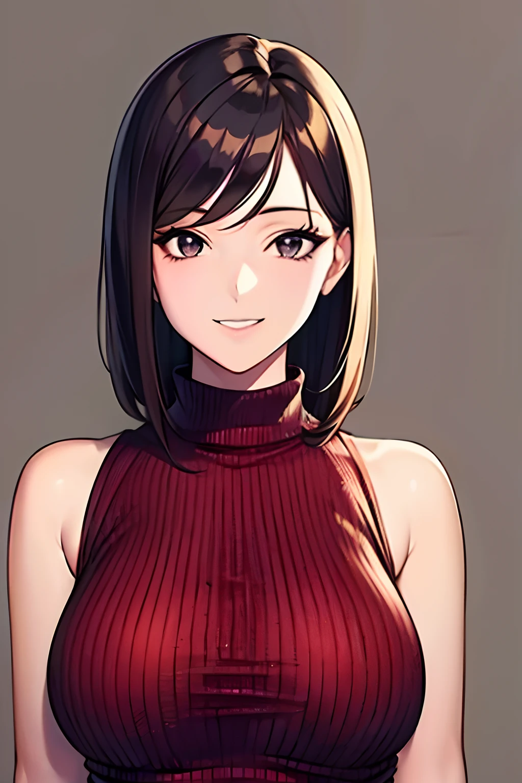 (masutepiece, Highest Quality), Beautiful and aesthetic, 1womanl, Idol, Elegant, (25 years old), Portrait, lightsmile, (Sleeveless knitwear), Entire upper body, Simple background,