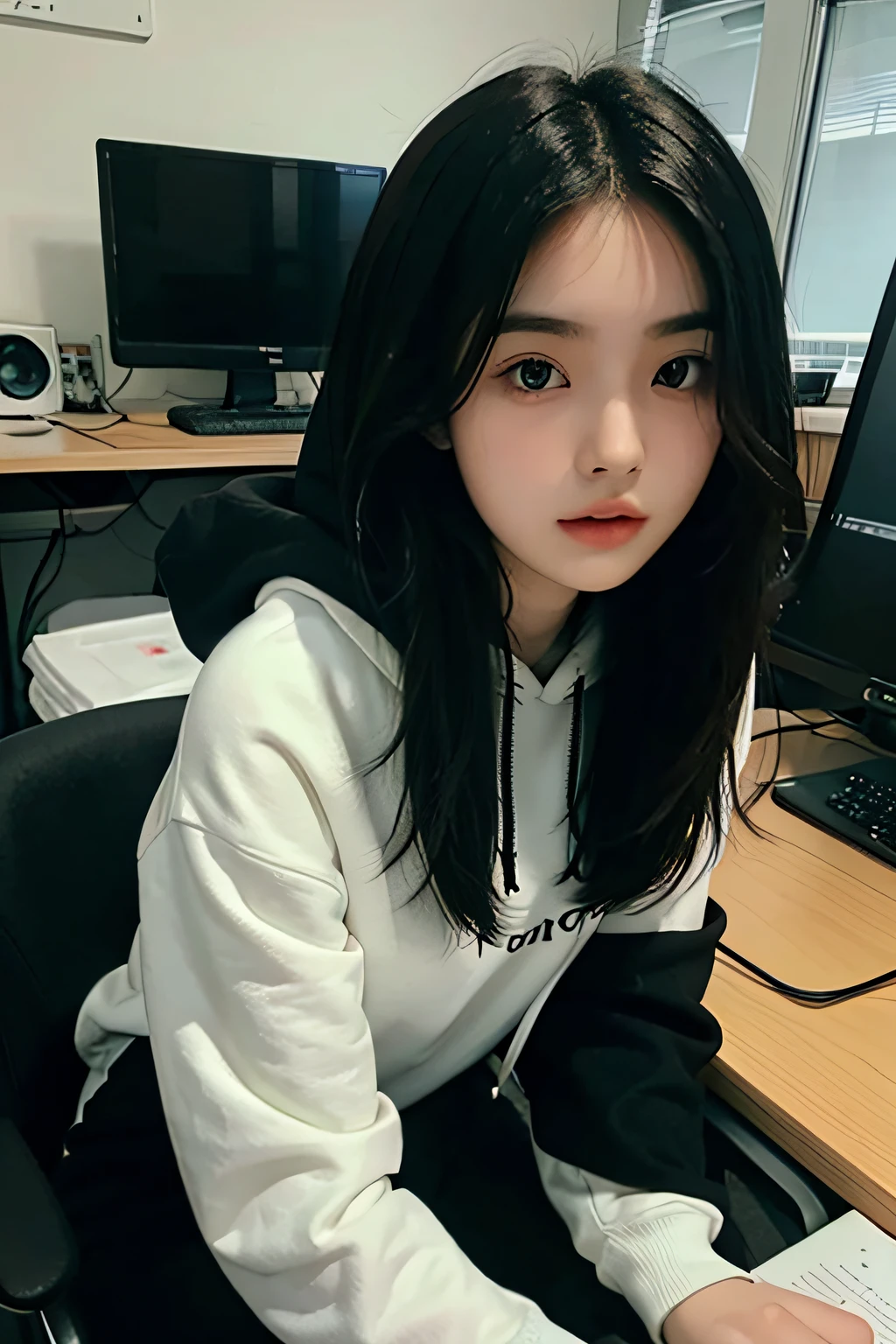cute 20 year old girl sharp eyes, very pale skin  , smooth black long hair ,wearing hoodie sitting in a aesthetic room on a desk, aesthetic clock behind in background, facing camera looking straight into the camera