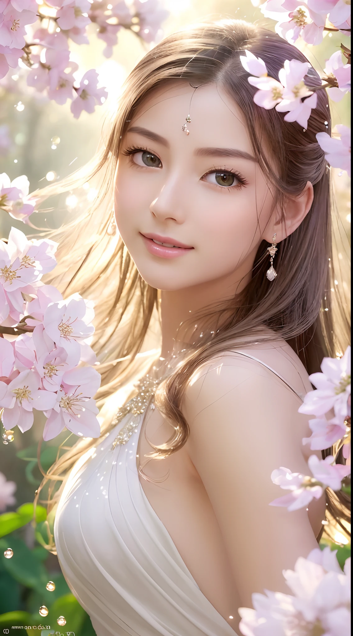 (Best quality,4K,A high resolution,Ultra-detailed,Realistic:1.37),Vivid colors,Sunlight,llight rays,bergamot,white blossoms,Beautiful girl,Exquisite features,Flowing hair,Serene expression,Garden setting,Elaborate dress,Soft sunlight,Gentle breeze,Cheerful ambiance,Backlit scene,a hint of smile,ethereal glowing,Fresh in the morning,Long shadows,harmony of nature,subtle reflections,Natural beauty,Twinkling dewdrops,Clear detail,serenity and calm,Sublime ingredients,Arrive at the branch,whispering leaves,Aromatherapy petals,with light glowing,Sparkling highlights,Subtle shadows,Soft focus,Sublime beauty,Whisper natural,Fantastical Atmosphere,Illuminated background.