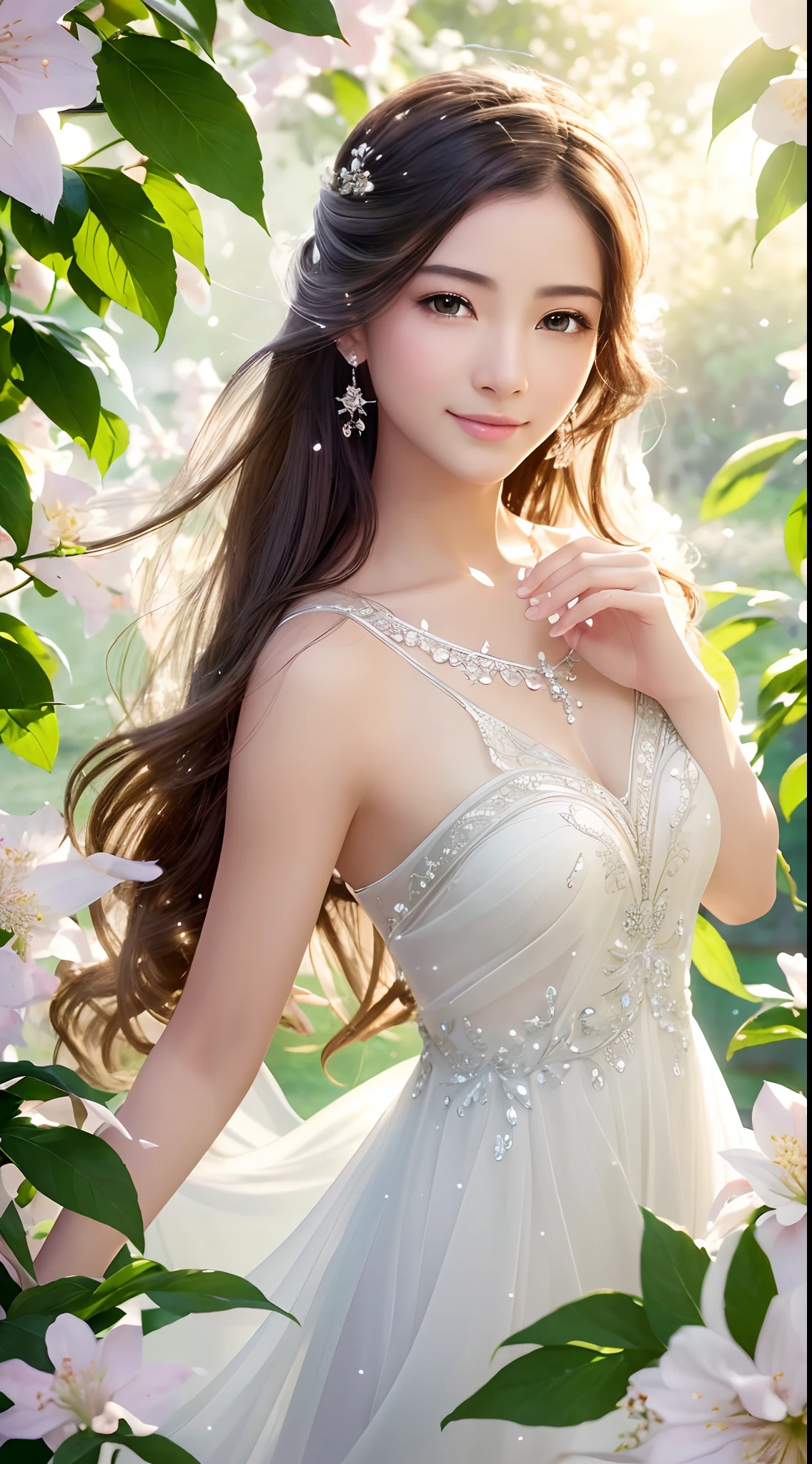 (Best quality,4K,A high resolution,Ultra-detailed,Realistic:1.37),Vivid colors,Sunlight,llight rays,bergamot,white blossoms,Beautiful girl,Exquisite features,Flowing hair,Serene expression,Garden setting,Elaborate dress,Soft sunlight,Gentle breeze,Cheerful ambiance,Backlit scene,a hint of smile,ethereal glowing,Fresh in the morning,Long shadows,harmony of nature,subtle reflections,Natural beauty,Twinkling dewdrops,Clear detail,serenity and calm,Sublime ingredients,Arrive at the branch,whispering leaves,Aromatherapy petals,with light glowing,Sparkling highlights,Subtle shadows,Soft focus,Sublime beauty,Whisper natural,Fantastical Atmosphere,Illuminated background.