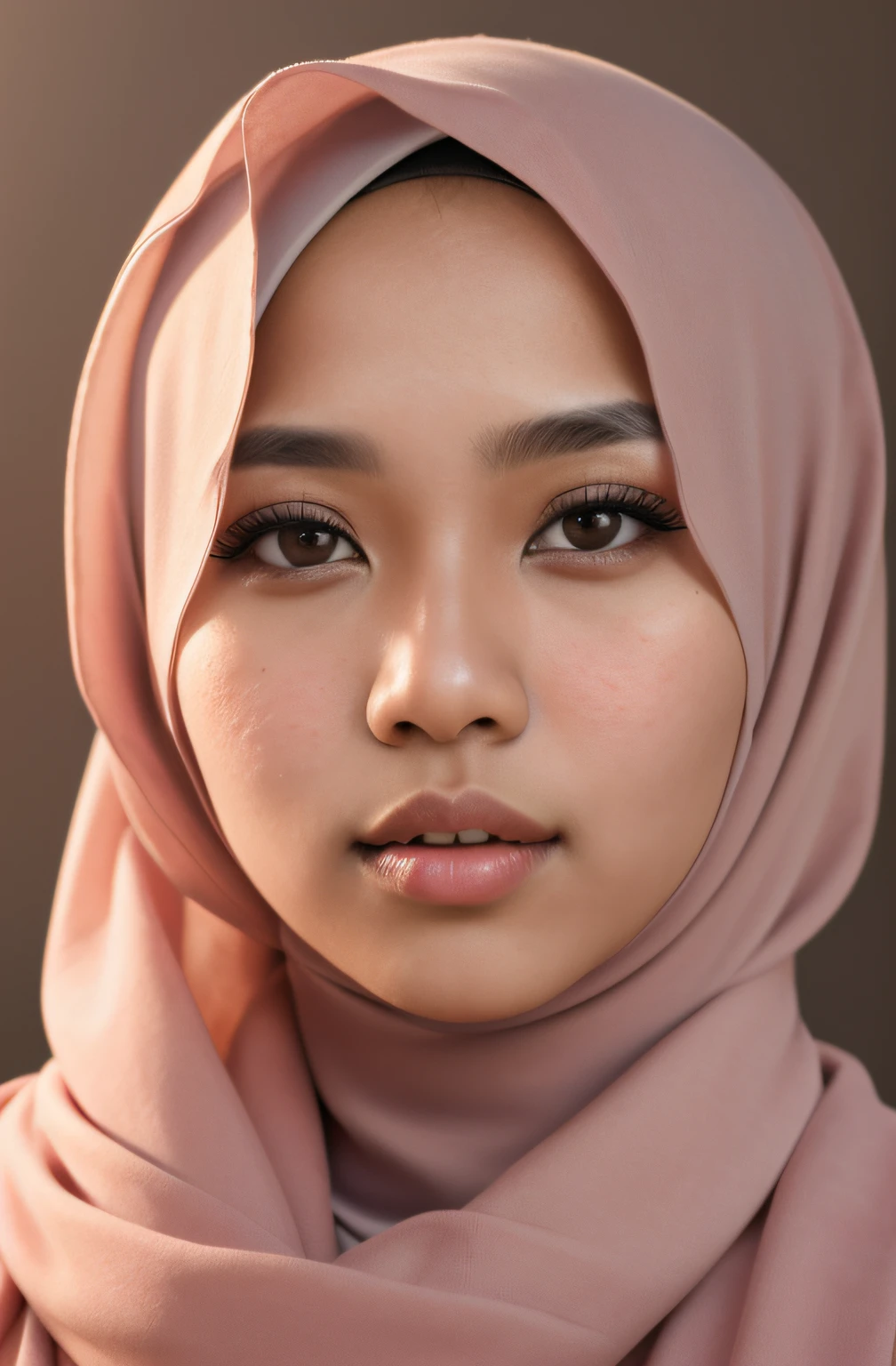 a photo portrait of a beautiful malay girl with hijab, (plain pastel red hijab), (face portrait:1.3), dramatic light , Rembrandt lighting scheme, (hyperrealism:1.2), (8K UHD:1.2), (photorealistic:1.2), shot with Canon EOS 5D Mark IV, detailed face, detailed skin texture