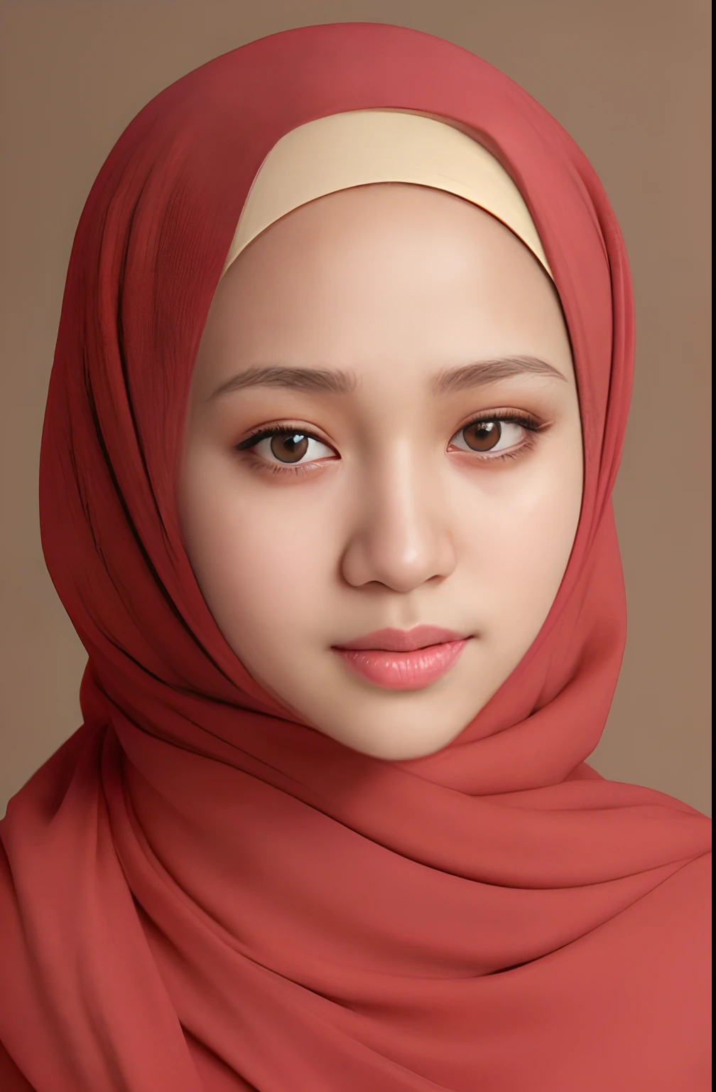 a photo portrait of a beautiful malay girl with hijab, detail skin texture, (plain pastel red hijab), (medium shot portrait:1.3), dramatic light , Rembrandt lighting scheme, (hyperrealism:1.2), (8K UHD:1.2), (photorealistic:1.2), shot with Canon EOS 5D Mark IV, detailed face, detailed skin texture