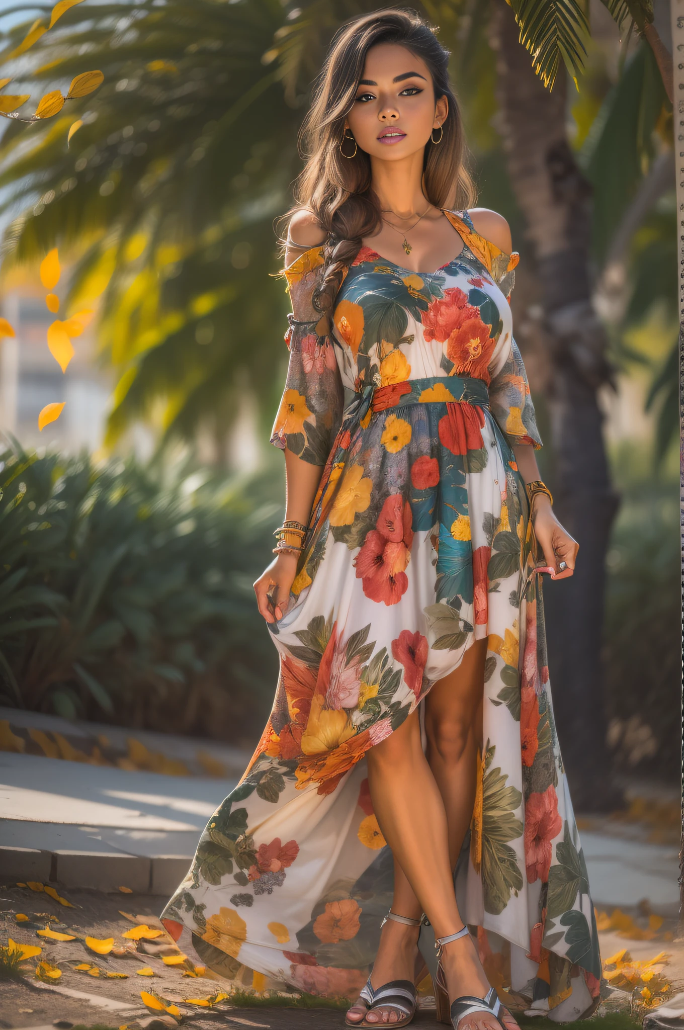 ((master part, best quality,edgQualidade)), smug,sorrir, edgADC_moda, vestido longo, Printing of autumn leaves assorted colors, renda com detalhes dourado, sandals,blusa fora do ombro,Standing ,usando edgADC,