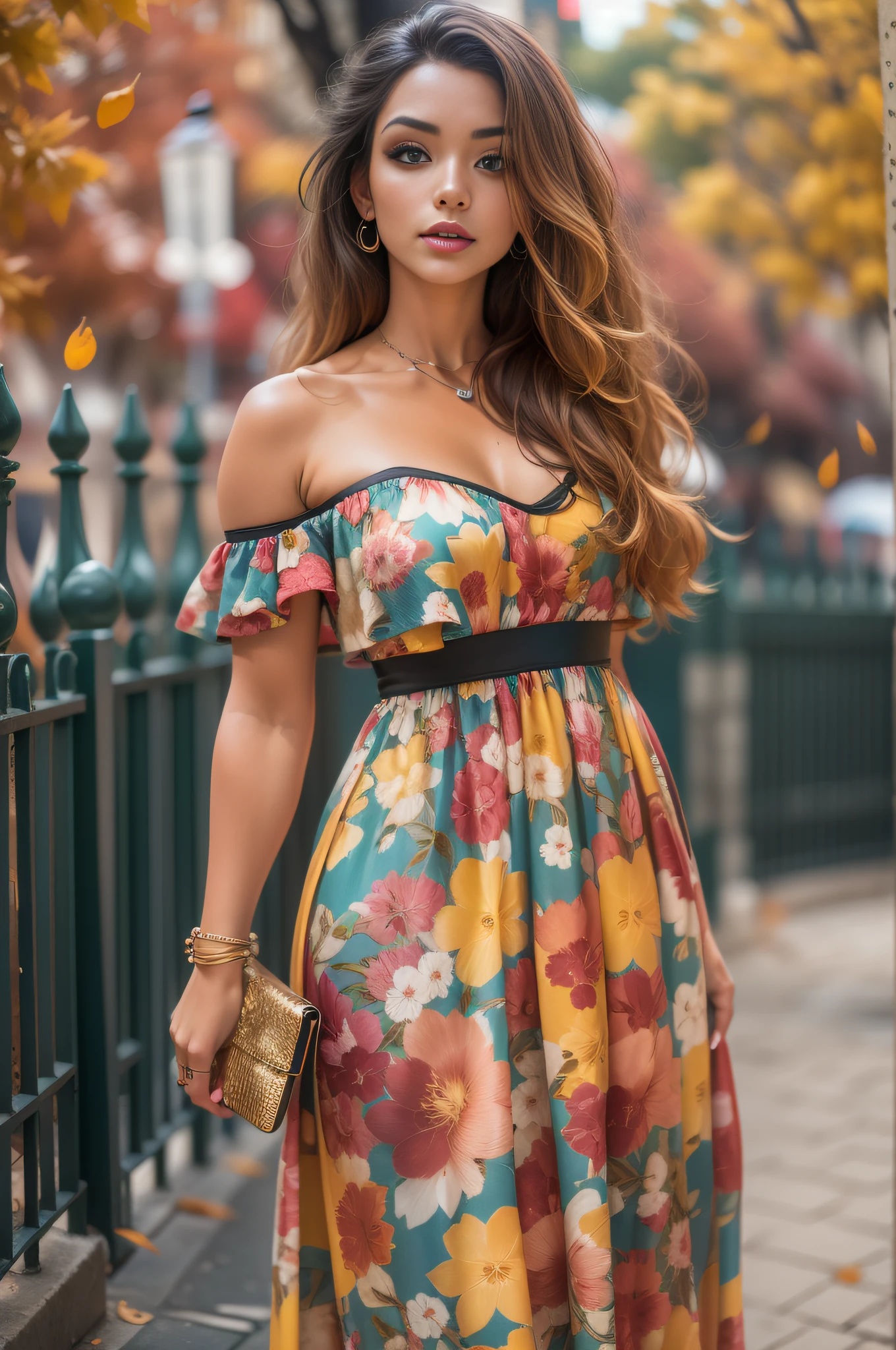 ((master part, best quality,edgQualidade)), smug,sorrir, edgADC_moda, vestido longo, Printing of autumn leaves assorted colors, renda com detalhes dourado, sandals,blusa fora do ombro,Standing ,usando edgADC,