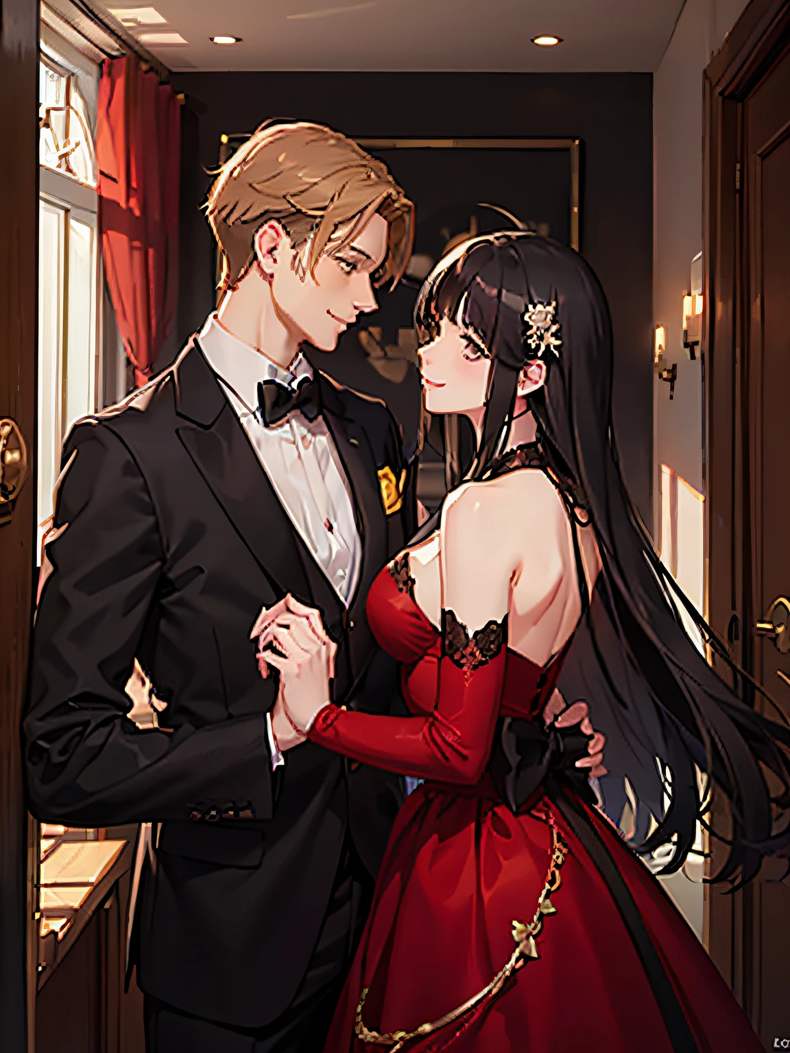 brown light-haired man smiling at a black-haired woman. The man wearing a black tuxedo and the woman wearing a red dress, looked at each other and the man was placing his hand on the woman's back. like a manhwa style and romantic feeling.