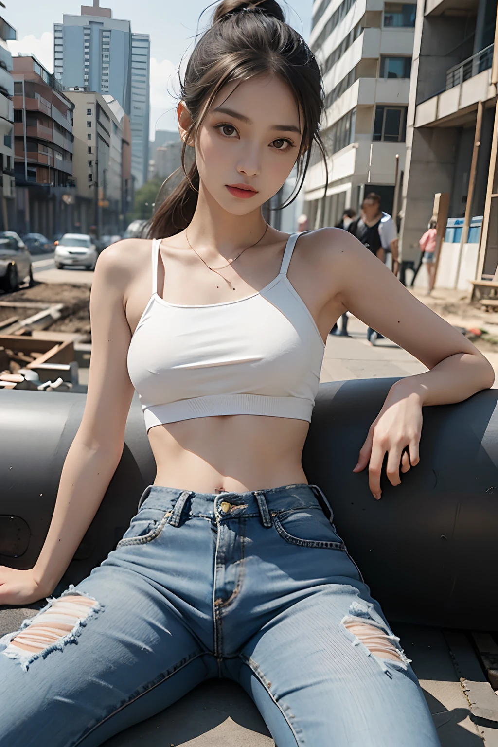 Girl in white bra and tight denim skirt posing for photo, full body, with cropped T-shirt, bra, slim body, smaller bust, slim girl model, 24-year-old female model, lying on the construction site, a group of black men onlooking