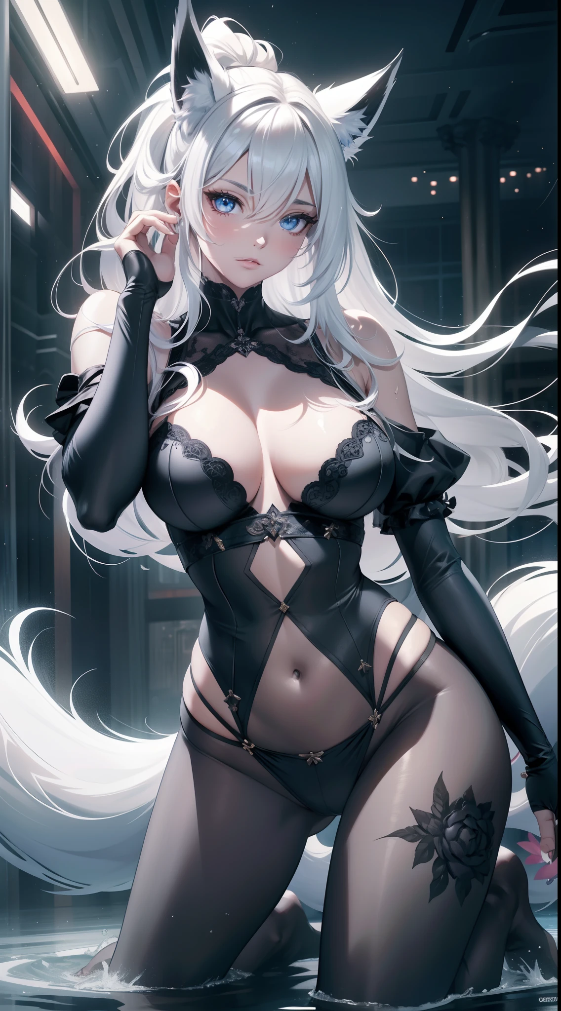 full bodyesbian, masterpiece, Best quality at best, offcial art, Very detailed CG 8k wallpaper, (flying petal)(Detailed ice), Crystal texture of the skin, Grim expression, (fox ear), white hair, long white hair, messy  hair, eBlue eyes, Medium breasts, looking at viewer, Hands are truly optimized, The foot is truly and reasonably optimized, very fine and beautiful, A high resolution, Underwear lace (transparent pubic hair, Silky), Navel-baring, Sling pajamas black silk (transparent pubic hair, Silky), Strangle leg rings, close-up on legs, Unilateral ponytail with white hair, Flushed face, Lie down, Background bed, water stain on body, (Close up of transparent water stains), lots of resolution, Close-up of the hand, The lines are clear and realistic, photograph realistic, best quality, tmasterpiece, Extremely refined and beautiful, extremely details, CG 8K, Amazing Cleavage, finely detailed, tmasterpiece, Best quality at best, extremely detailed CG unity 8k wallpaper,