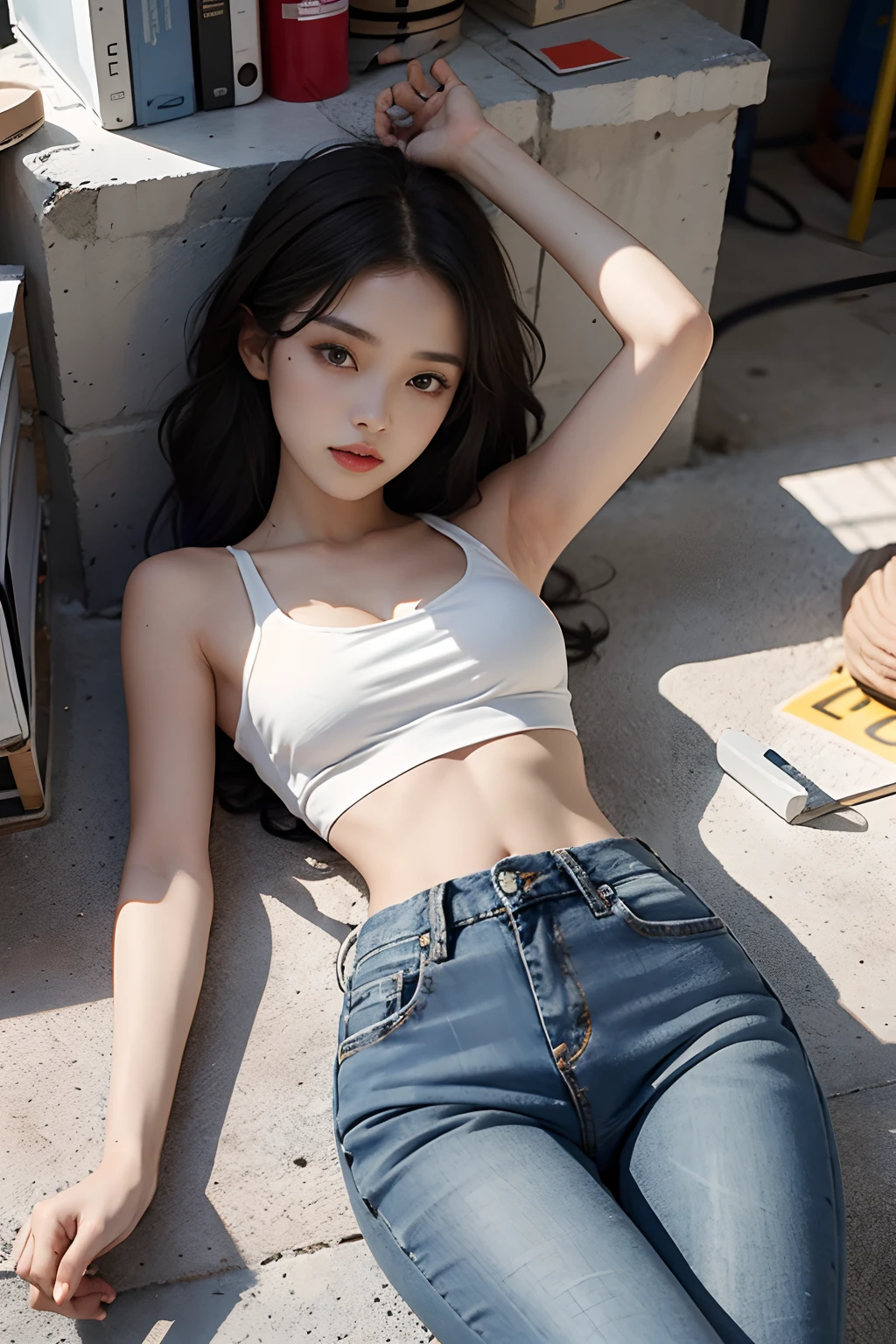Girl in white shirt and tight denim skirt posing for photo, full body, legs spread, cut t-shirt, bra, slim body, small bust, slim girl model, 24 year old female model, lying down, shy, skin wet, sweating