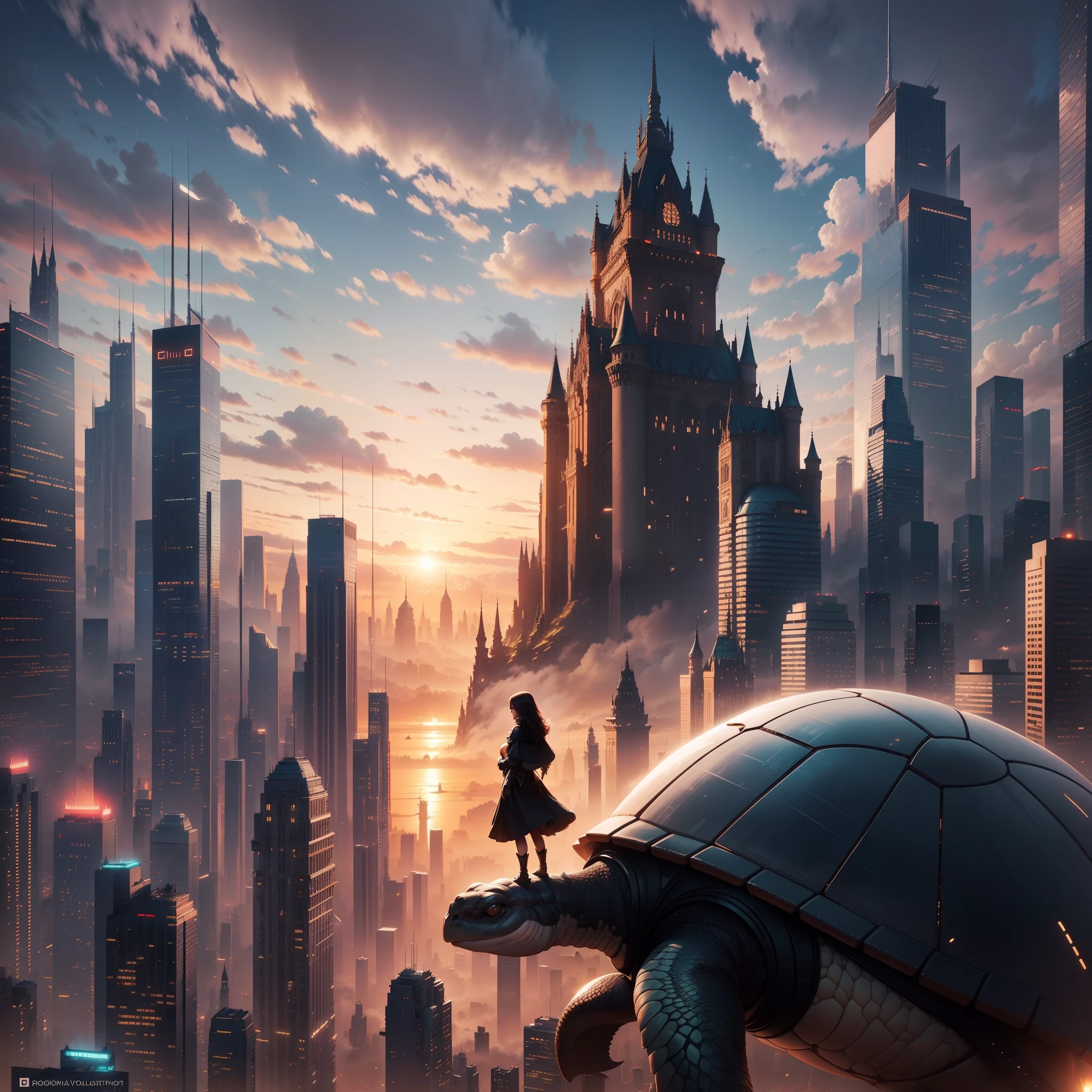 Stable diffusion cues:
Castle on the back of flying in the sky,Long-necked turtle,Detailed turtle shell,Scaly turtle skin,humongous large breast,Castle on the back,Girl standing on top of a skyscraper,cityscape in the background,A castle moving in the sky,A castle floating in the air,mind-blowing views,stunning architecture,futuristic skyscrapers,flashing lights,Twilight,soft golden light,High contrast,Super detailed city view,Pure white clouds,Clear blue sky,Painted illustration style,highest quality art,A high resolution,Ultra-realistic,professional digital painting,Vivid colors,bokeh lighting.