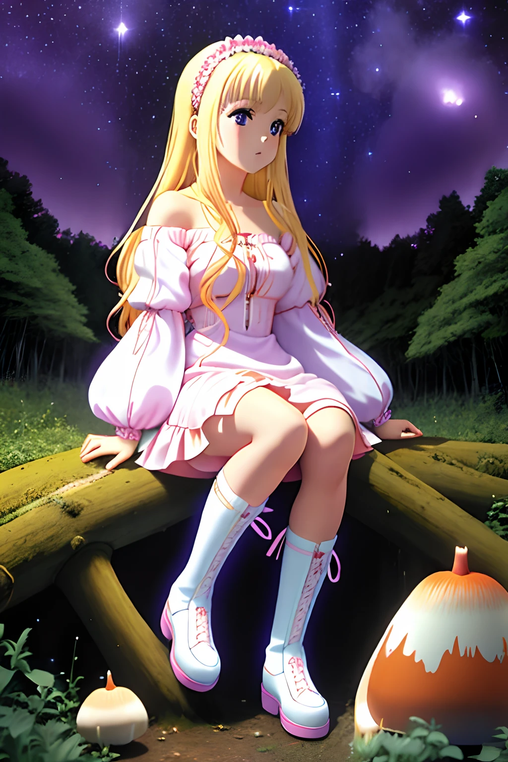 Anime girl with bright blonde hair with pale blue-violet eyes wearing a pink off-shoulder puffy sleeve dress and knee-length white boots is、Sitting in the forest next to an orange mushroom surrounded by fireflies under the stars