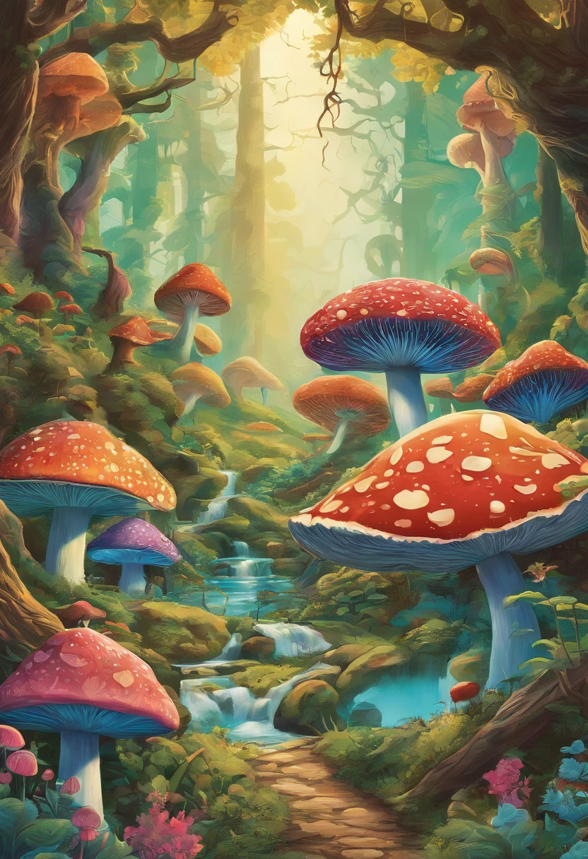 Desenhe um jovem com cabelo castanho, olhos castanhos, immersed in a magical psychedelic forest. Ao redor dele, Curious gnomes dance among giant mushrooms that glow with vibrant colors. in sky, uma lua cheia irradia uma luz suave e misteriosa, Illuminating the enchanted scenery