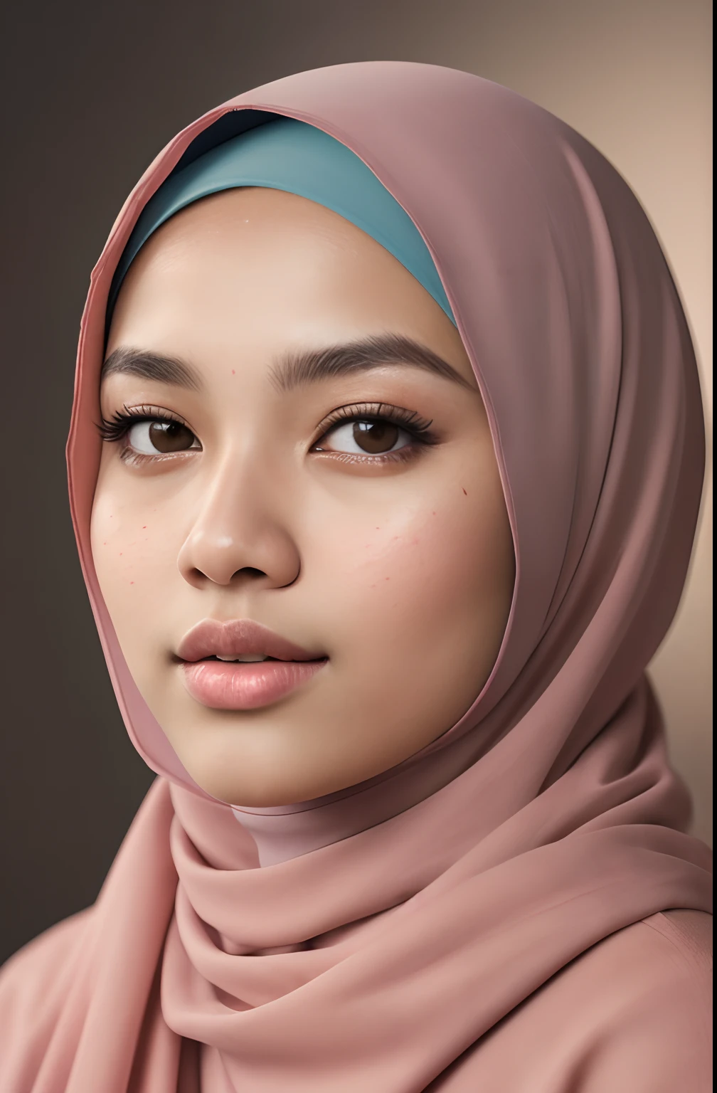 a photo portrait of a beautiful malay girl with hijab, (plain pastel red hijab), blue background, (face portrait:1.3), dramatic light , Rembrandt lighting scheme, (hyperrealism:1.2), (8K UHD:1.2), (photorealistic:1.2), shot with Canon EOS 5D Mark IV, detailed face, detailed skin texture, hyperdetail skin,