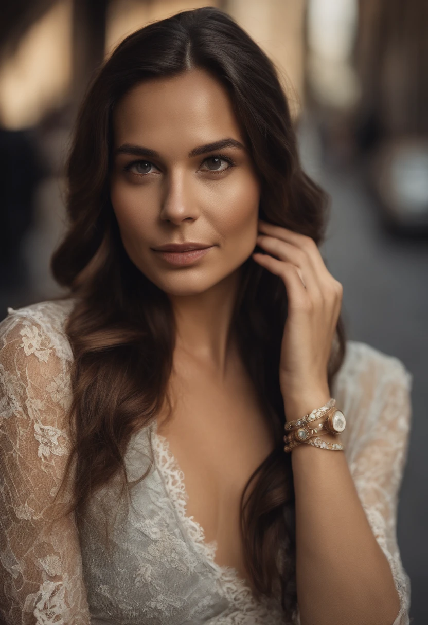 Upper body image of a beautiful woman, fiddling with cell phone in the middle of the street, [see-through](Cami short lace:1.47), Natural breast, medium  breasts, (narrow waist, Ideal Body Curve), earring, sharp focus, (tall body, adult woman), ((looking away)), (High Detail Skin, pores skin:1.4)