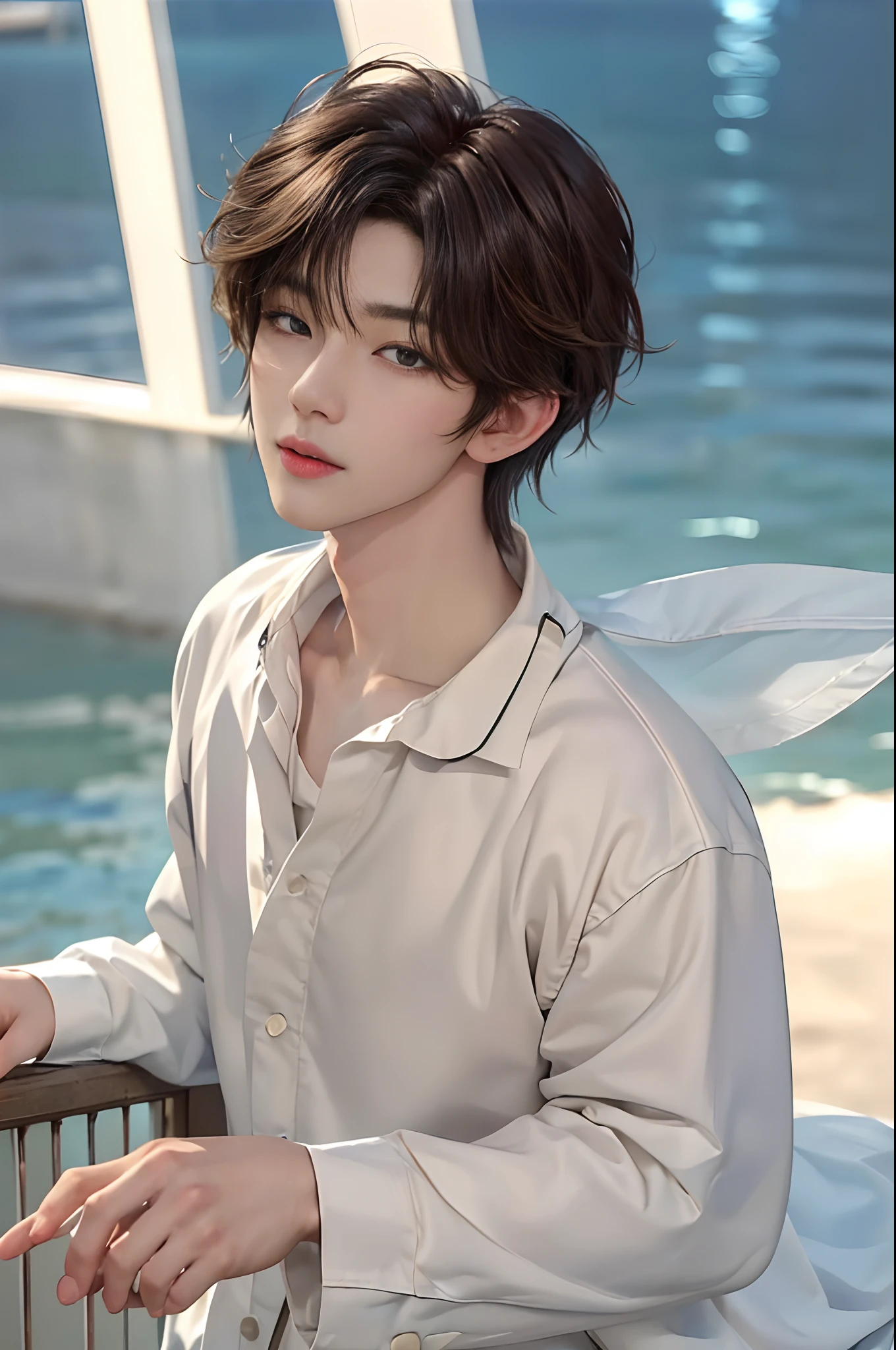​masterpiece、top-quality)、One Manly Boy、Slim body、((Black and white men's fashion:1.1))、(Detailed beautiful eyes)、In the Han River、Face similar to Chaewon in Le Selefim、((short hair above the ears))、((Smaller face))、((Neutral face))、((Light brown eyes))、((Korean boy))、((18year old))、((Handsome man))、((Wild look))、((Korean Makeup))、((elongated and sharp eyes))、((Happy dating))、((He is walking in front of the viewer))、((Looking Up))、((shot from back))