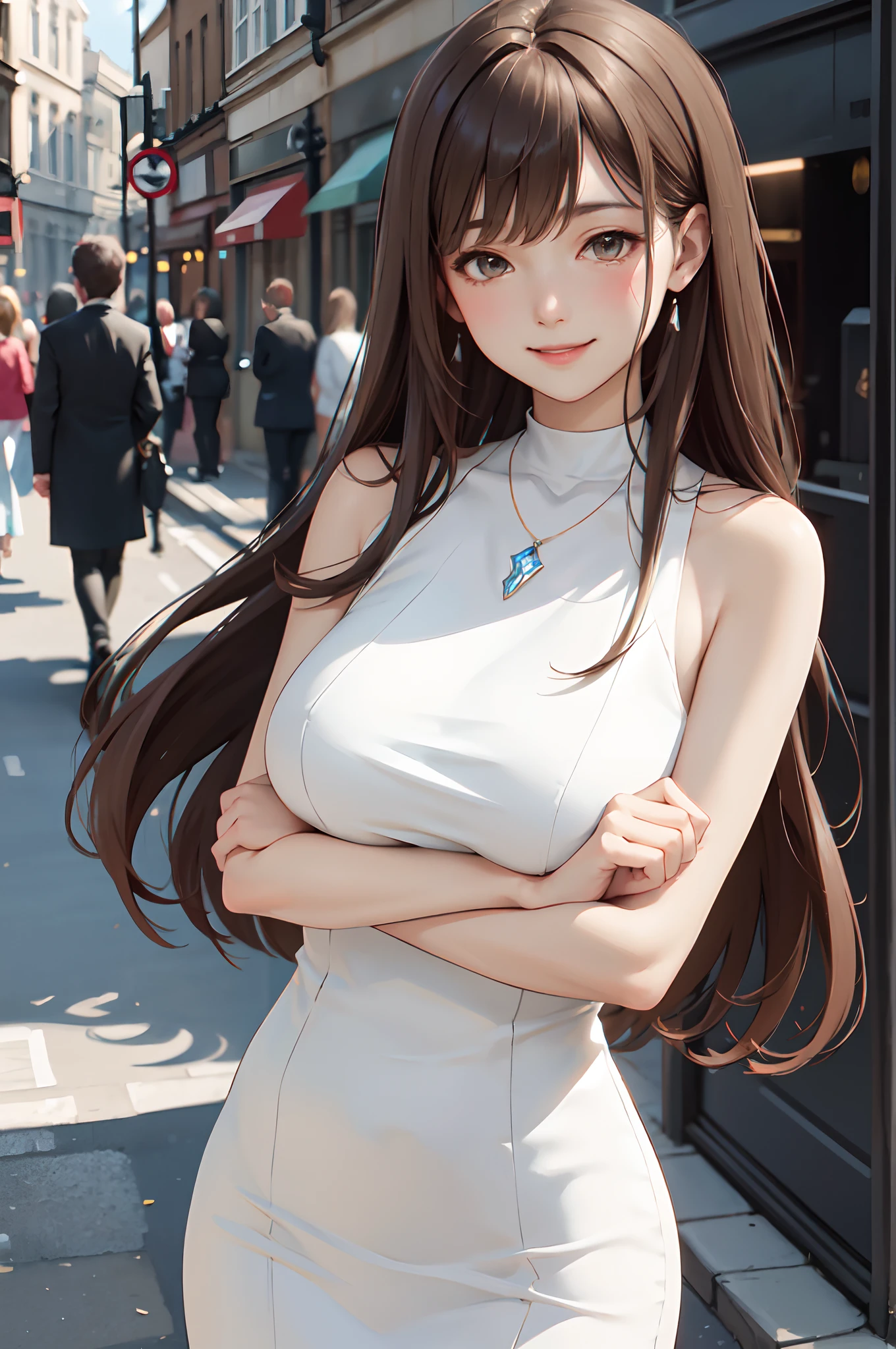 1lady standing, mature female, /(pencil dress/) /(white dress/) necklace, /(brown hair/) bangs, blush kind smile, (masterpiece best quality:1.2) delicate illustration ultra-detailed, large breast, arms down BREAK /(streets of London/), detailed background