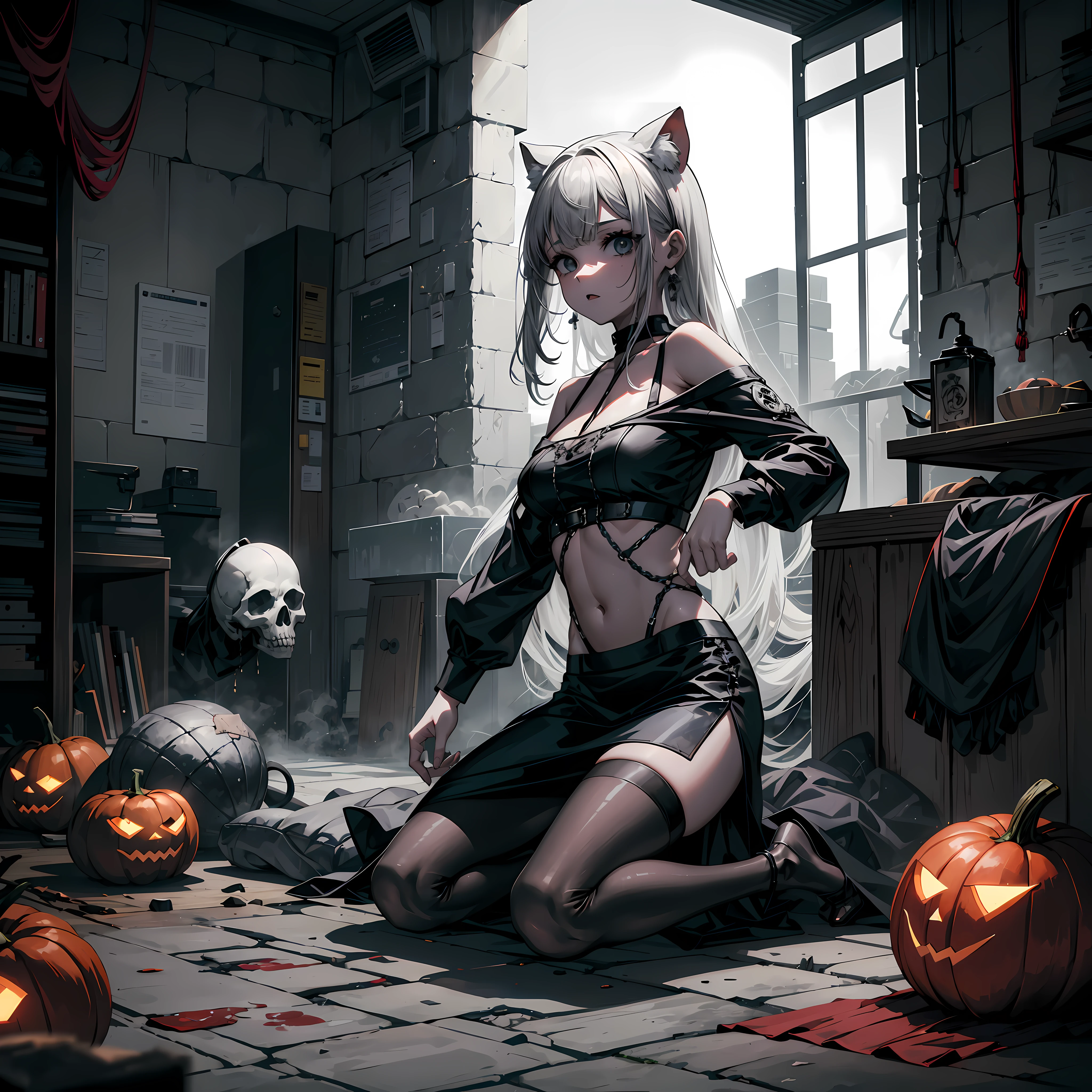 1girl, modern prison, ((Bloody)),ferida, Blusas, Cabelos curtos, corte estilo Chanel, ((rosto extremamente bonito e detalhado)) fear expression, medo do viewer, trying to escape from prison, chorando, olhar raivoso, loba, Pumpkins on the ground, estilo Halloween,saia, barriga descoberta , roupas extremamente rasgadas, shoulders visible, ferida no corpo, roupas com sangue, bones on the ground, Human skull on the ground, aCorrentado, sitting on ground, Coleira, meninato, orelhas de gato, rabo de gato, luar, jail, sujo, Roupas Sujas, roupas insaguentadas,roupas detalhadas,master part, realistic lighting, olhos brilhantes,C.C.,PGR_Lua,Mamori,sangue, ((Corrente sangrenta)), ((sangue_em_rosto)) (((Rosto detalhado