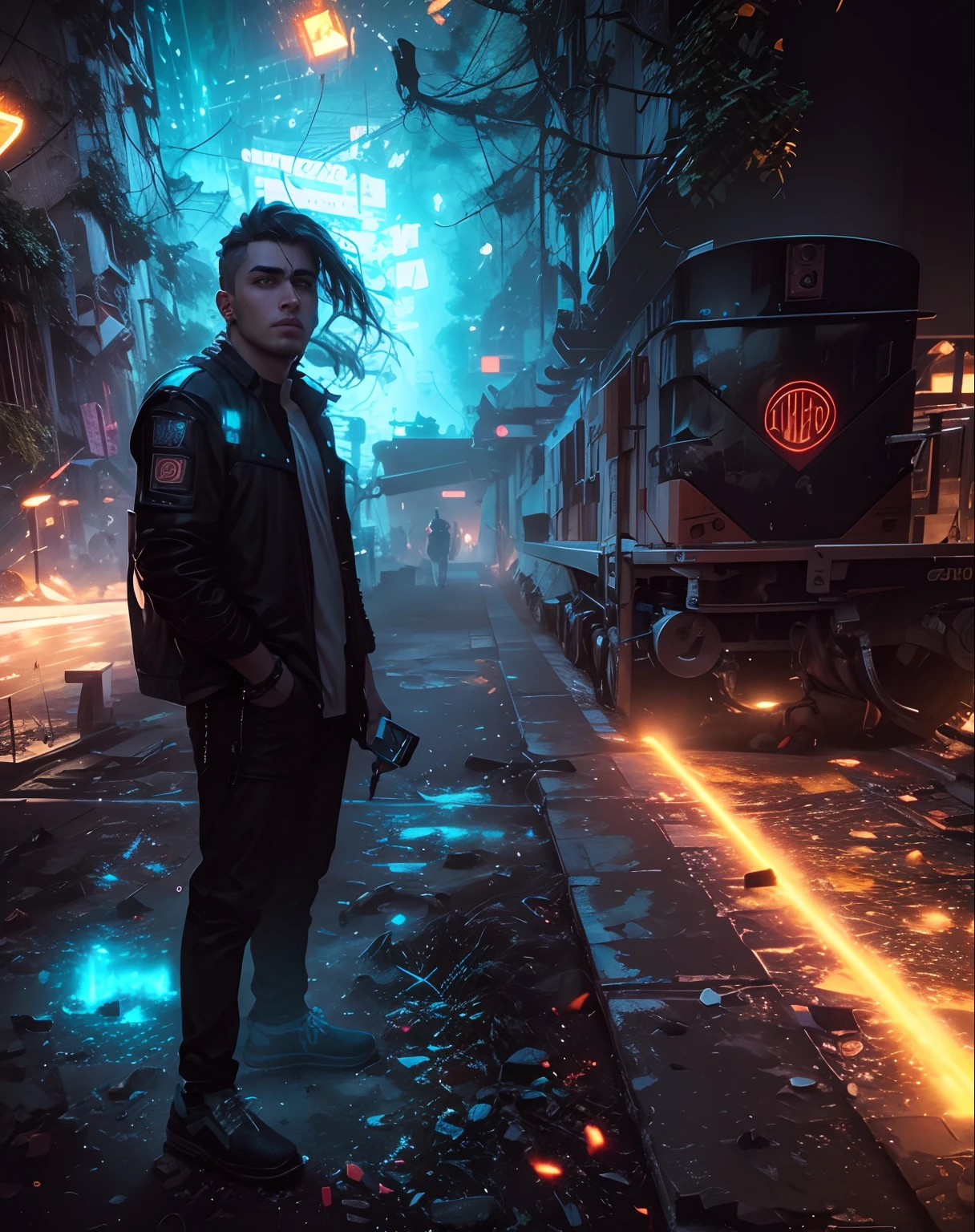 change background cyberpunk handsome boy, realistic face, 8k, ultra realistic