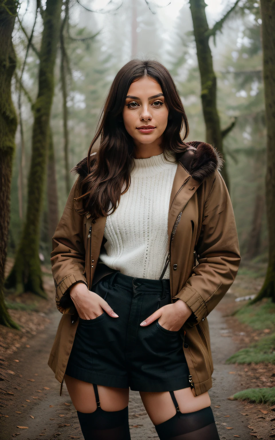 cute beautiful brunette, wearing a thick winter coat and stockings, in the forest, rainy day, wide angle shot, full body view, very detailed, 22 years old, short hair, brown eyes, high-res, masterpiece, best quality, intricate details, highly detailed, sharp focus, detailed skin, realistic skin texture,detailed eyes, professional, 4k, smile, shot on Canon, 85mm,shallow depth of field, kodak vision color, eyeshadow, extremely detailed, photo_\(ultra\), photorealistic, realistic, post-processing, max detail, roughness, real life, ultra realistic, photorealism, photography, 8k uhd, photography,