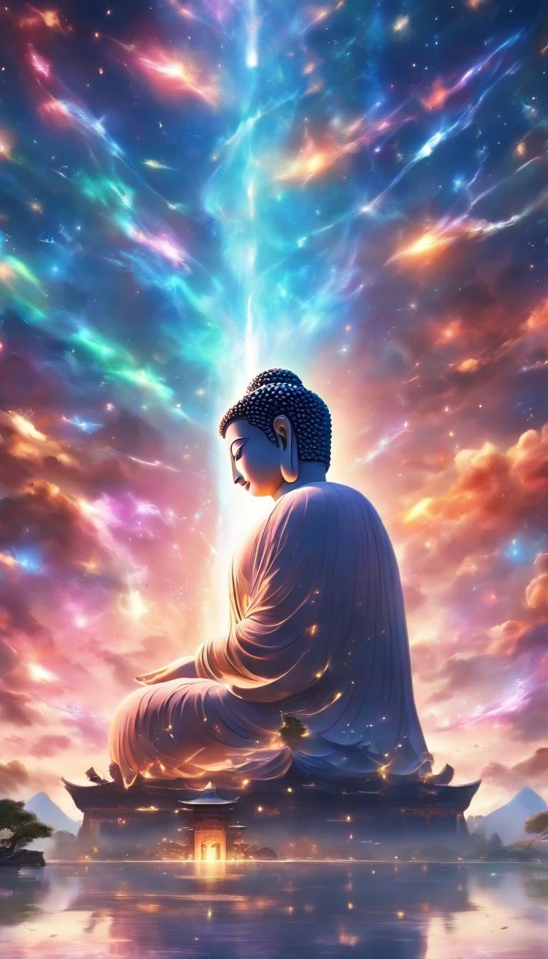 China-style,In the distance, A huge tall Buddha statue stands in the grand cosmic starry sky,Gaze at the earth,Standing Buddha statue,with light glowing,Glow effects,The tiny humans on Earth look up at the Buddha statues in the starry sky,Magnificent nebula background,Meteors streak across,nigh sky,Hyper-realistic,Ultra photo realsisim,Real Photographics,8K,High definition,high qulity,Works of masters,super-fine,(Chinese color ink painting style),(((white colors))),Smudge,ink,(Movie lighting),(light and shadow effect),(Unreal 5),(8K resolution),(Masterpiece),super-fine,high qulity,rendering by octane,glitter effects,(((OC renderer)))