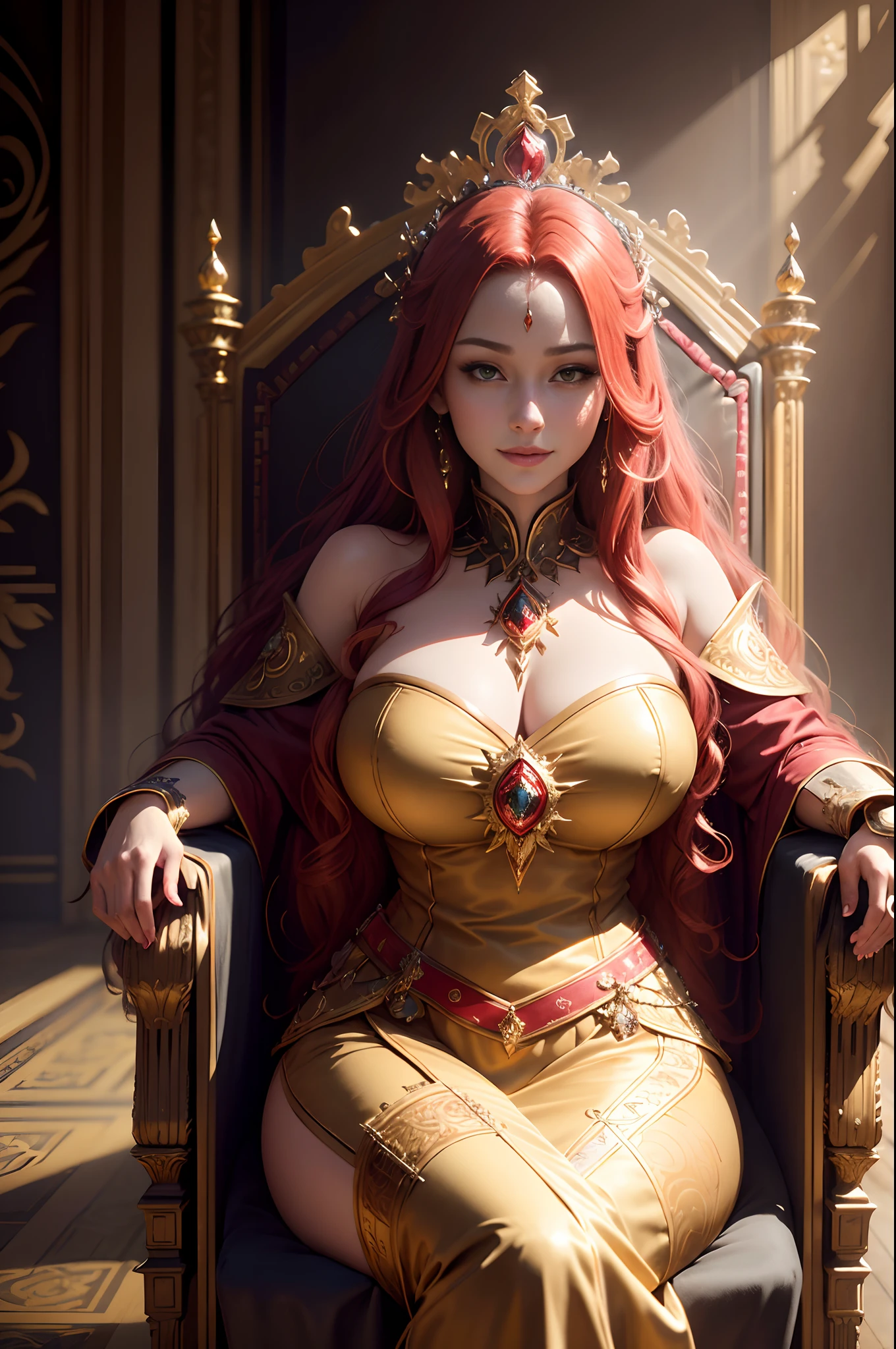 8K,Best Quality,masutepiece, Detailed,Intricate details,Photorealistic, Cinematic lighting,(Fantasy Art:1.6), (Seiza:1.1), (Frontal:1.2), Red and white empress costume realistic skin　Beautiful expression　Wavy red hair　Gold decoration　slender body,royal, An majestic, queen, empress,(Huge and magnificent seats:1.4), diadems, Frontal close-up, solemnity, a throne, a smile, scepter, Pedras preciosas, Solo,a medieval castle, Velvet Carpet, god rays,1 woman,　超A high resolution