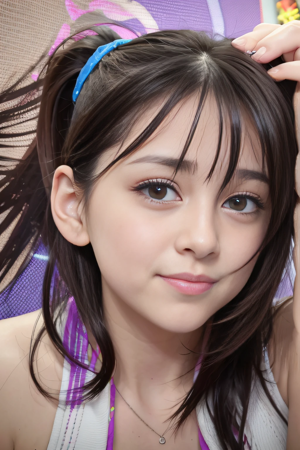 8k，Alta calidad，obra maestra，1girll, solamente, purple eyes, brown hair, Siete pecados capitales, Diane, lengua, un ojo cerrado, lengua fuera, lenceria, sonrojarse, lactando:1.3 colas gemelas,, Mirando al espectador,, Cabello largo, ;p, :p, They are smiling, primer plano
