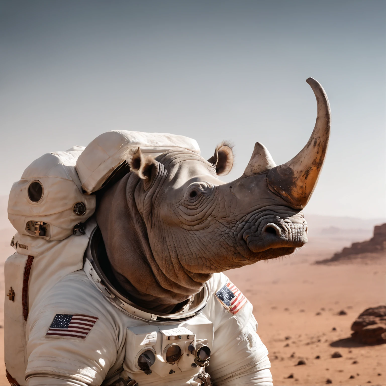 create an image of an astronaut rhinoceros that was sent to Mars because they discovered that they can survive on Mars because they are much stronger and tougher, ultra Hd, 4K, super realista