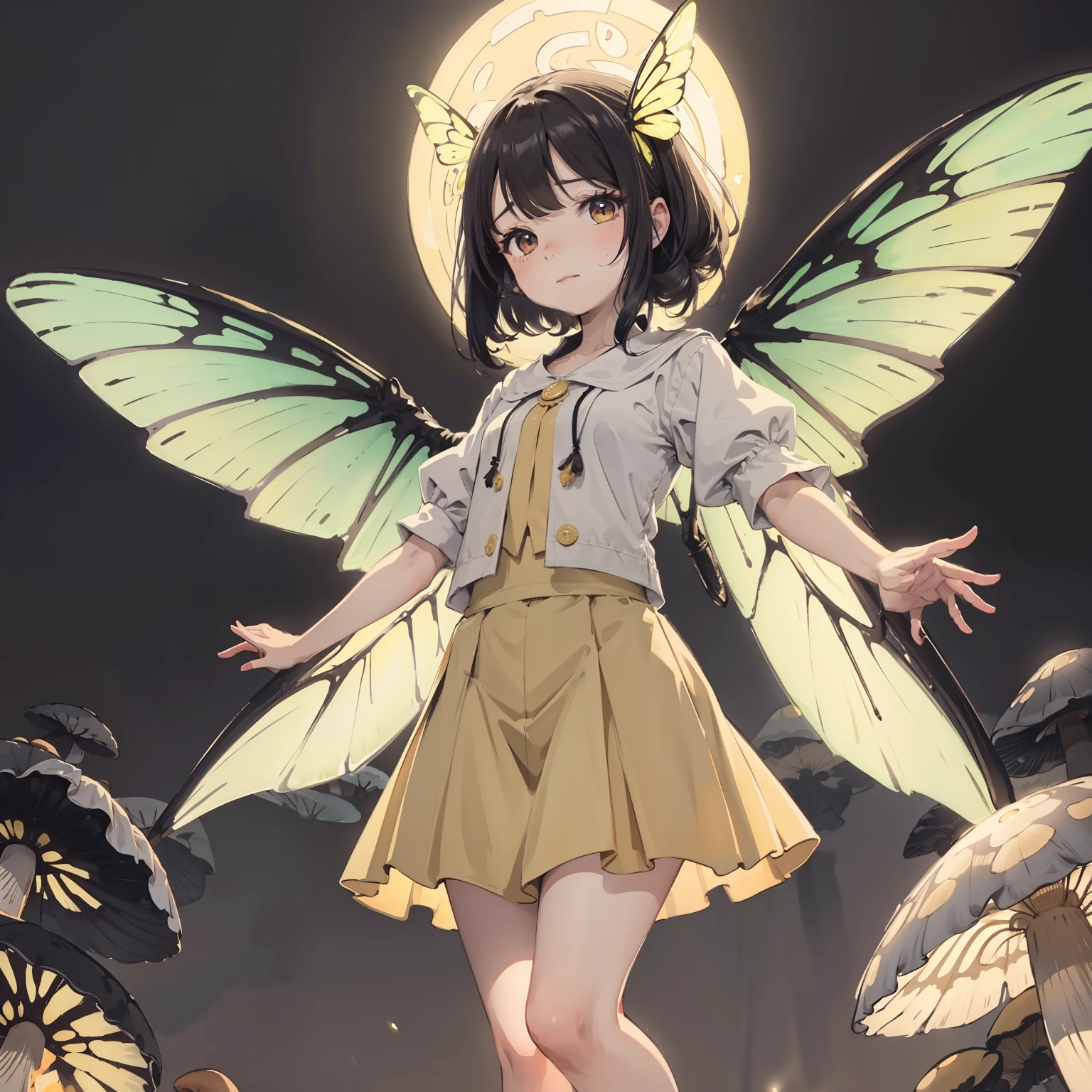 Beautiful and aesthetic,, Solo,Cute,amarelo,pleatedskirt,Dance,It has dragonfly-like wings and membrane wings,Cogumelos,Mushrooms,Huge mushrooms,spore,(glowing ambiance, enchanting glow, luminouslighting, Ethereal atmosphere,Watercolor illustration, Perfect anatomy, Masterpiece, Best quality, 1girll, li,elature, landscape