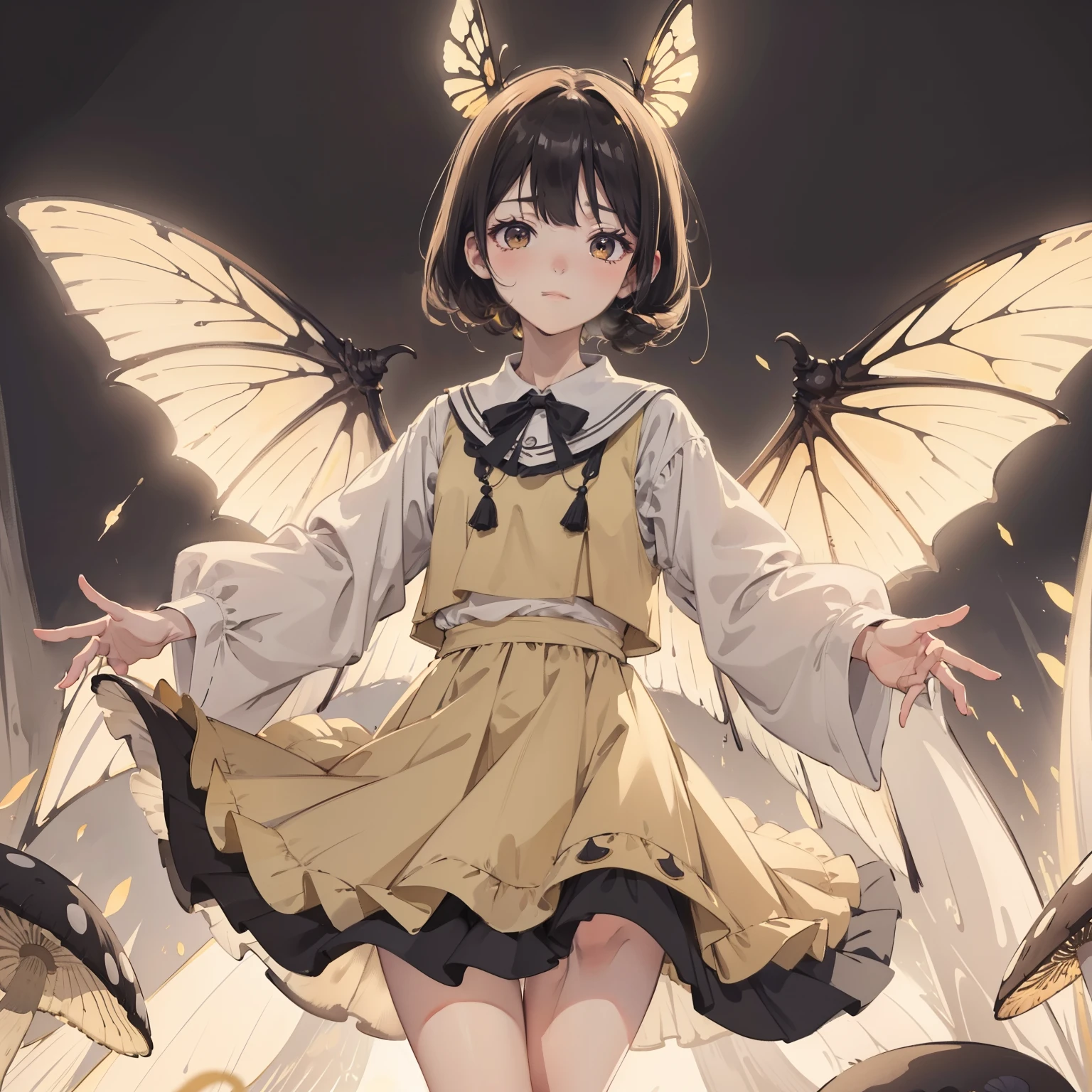 Beautiful and aesthetic,, Solo,Cute,amarelo,pleatedskirt，Dance，It has dragonfly-like wings and membrane wings，Cogumelos，Mushrooms，Huge mushrooms，spore，(glowing ambiance, enchanting glow, luminouslighting, Ethereal atmosphere,Watercolor illustration, Perfect anatomy, Masterpiece, Best quality, 1girll, li,elature, landscape