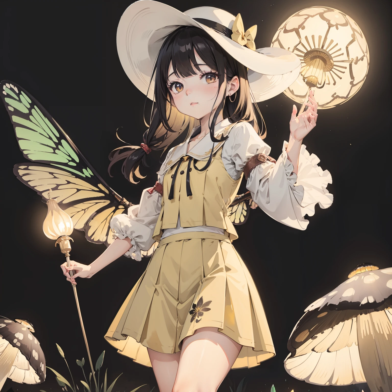 Beautiful and aesthetic,, Solo,Cute,amarelo,pleatedskirt,Dance,It has dragonfly-like wings and membrane wings,Cogumelos,Mushrooms,Huge mushrooms,spore,(glowing ambiance, enchanting glow, luminouslighting, Ethereal atmosphere,Watercolor illustration, Perfect anatomy, Masterpiece, Best quality, 1girll, li,elature, landscape